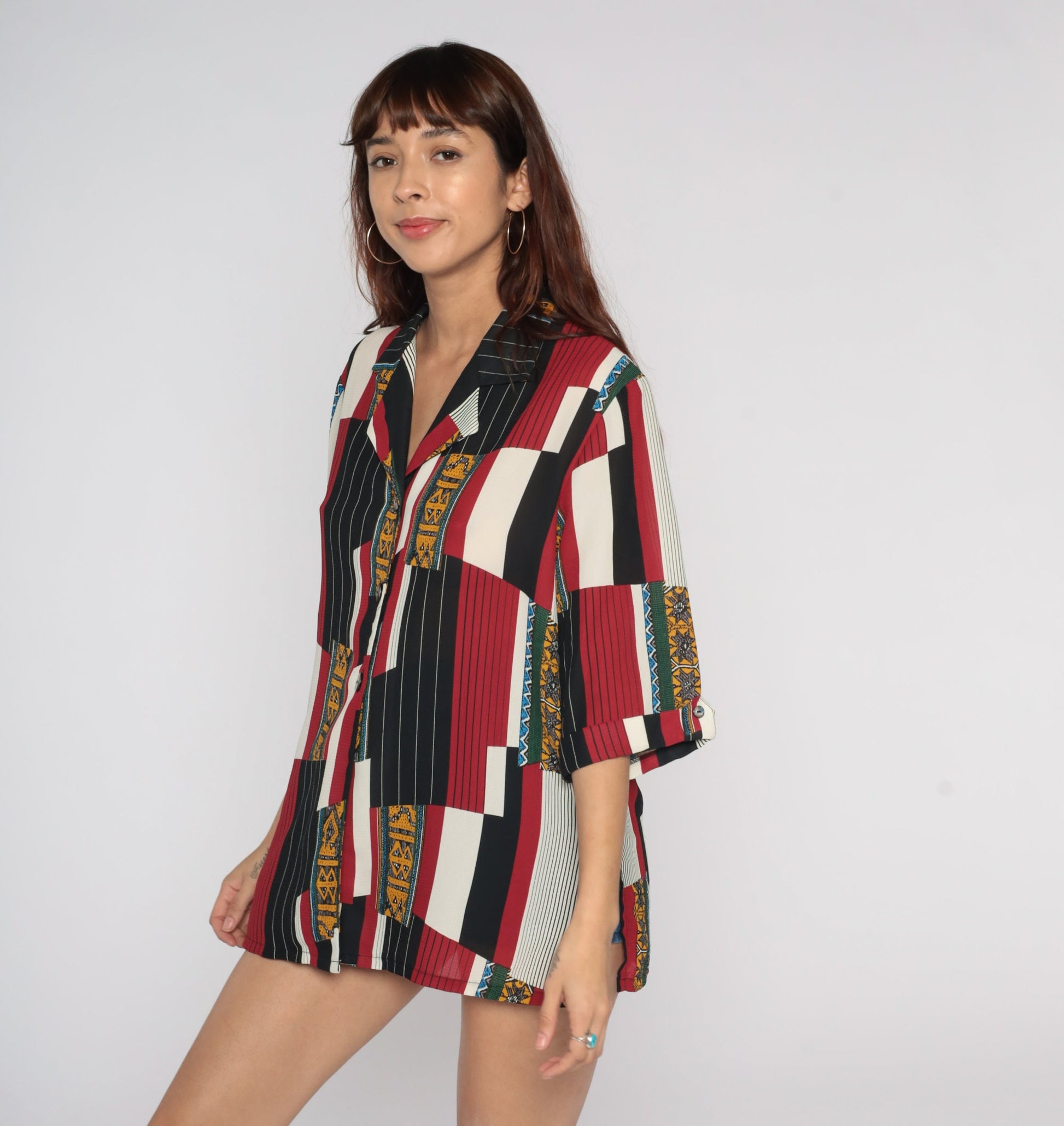 80s Geometric Striped Button Up Shirt Red Black White Yellow Large L