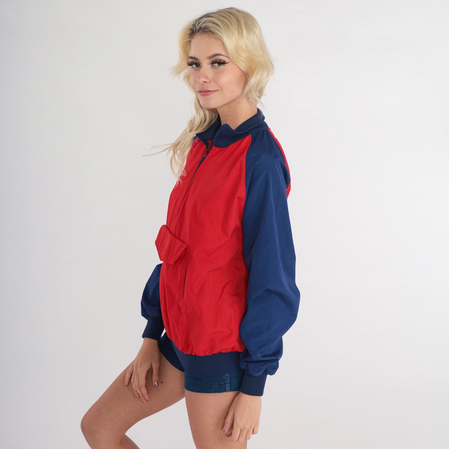 80s Compass Point Color Block Windbreaker Red Blue Quarter Zip Raglan Extra Small