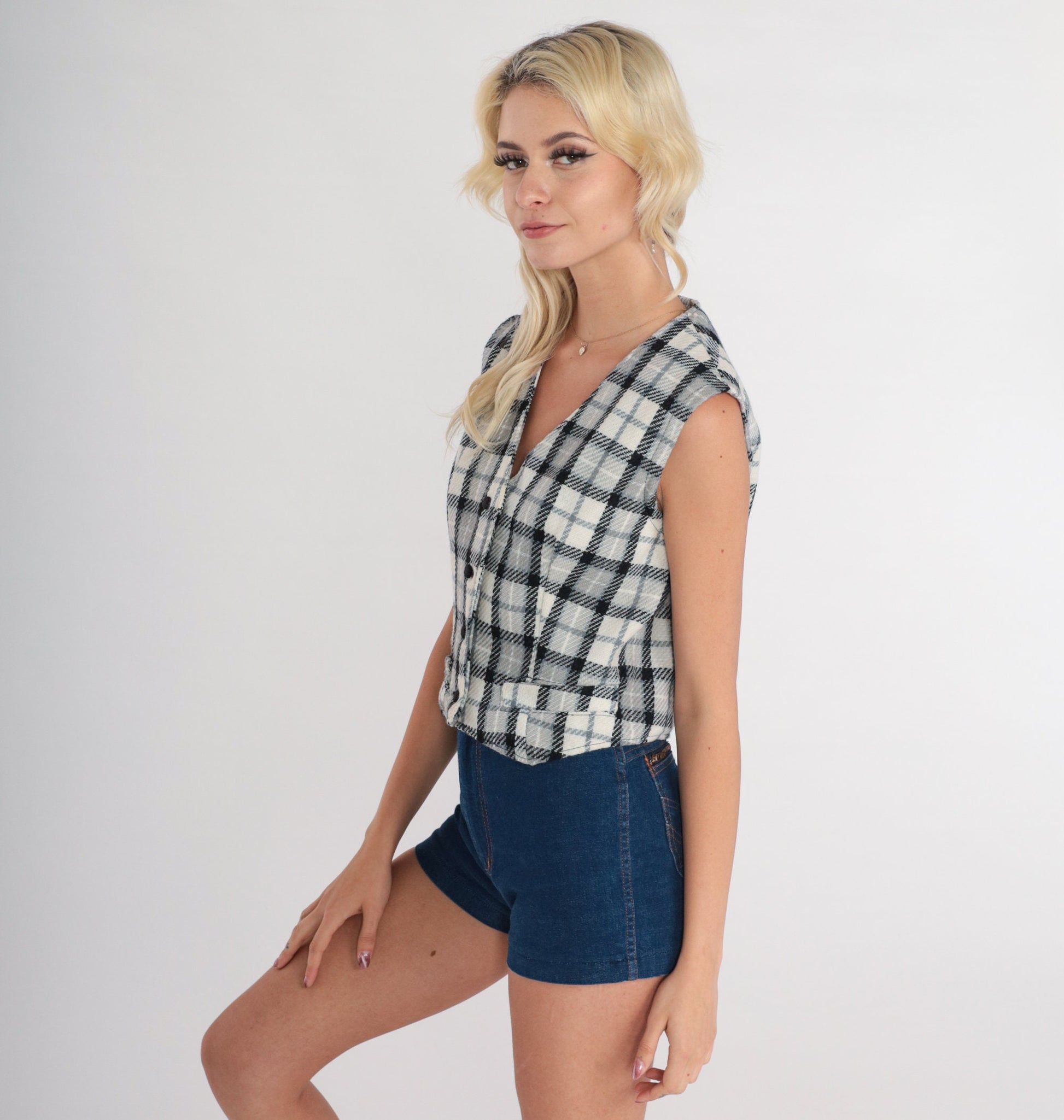 80s Black White Plaid Cropped Vest Button-Up Sleeveless Small