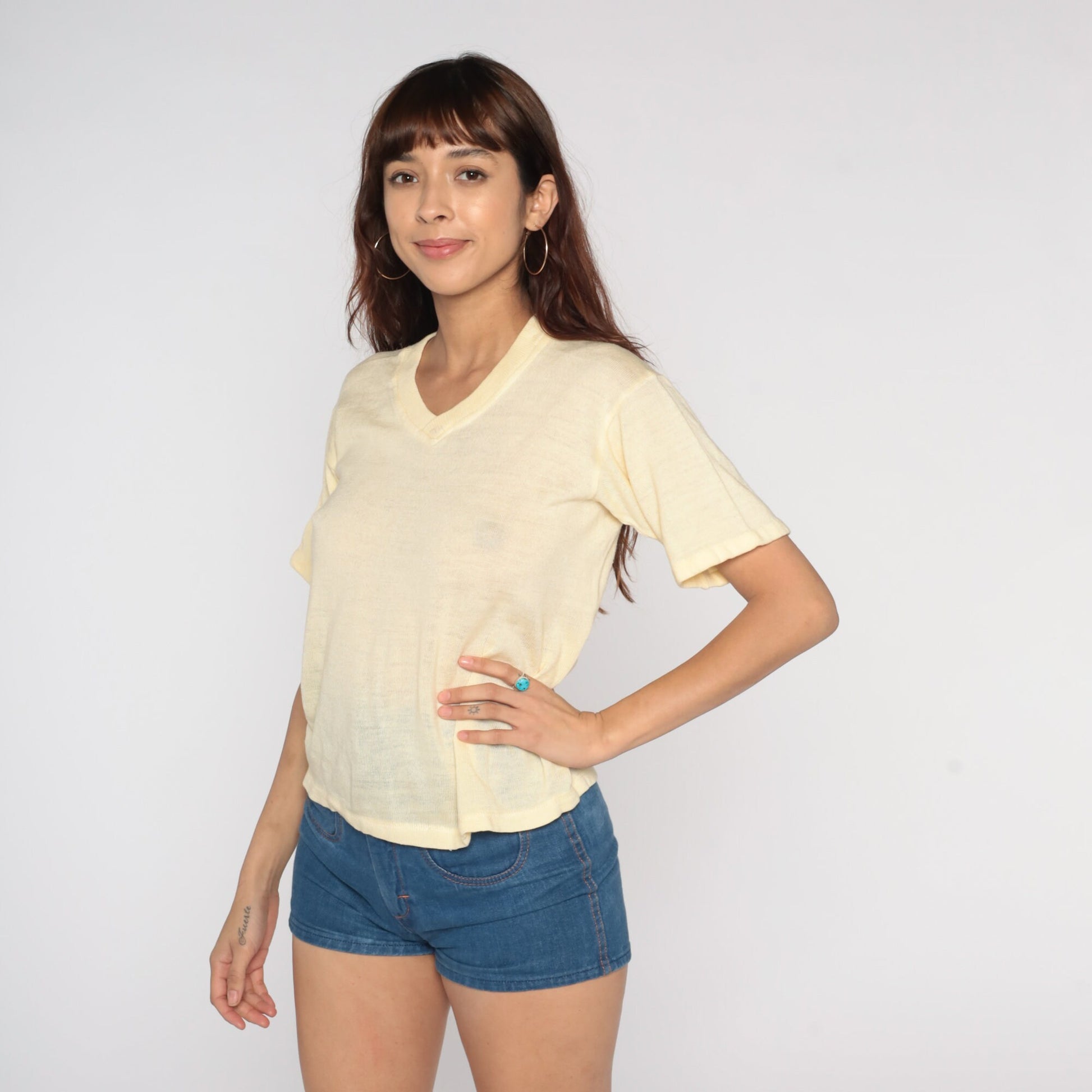 70s Yellow Knit V-Neck Short Sleeve Top Small S