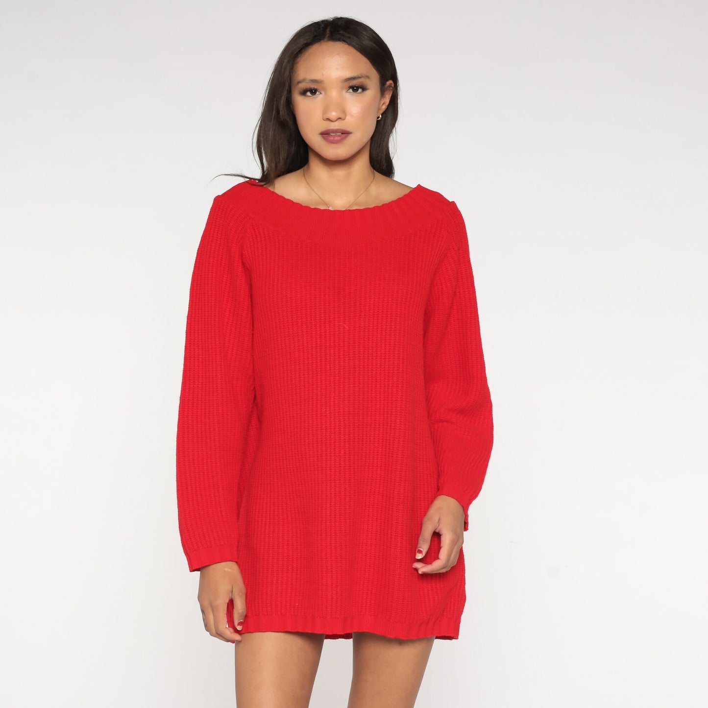 80s Red Ribbed Knit Sweater Wide Neckline Slouchy Pullover Large L