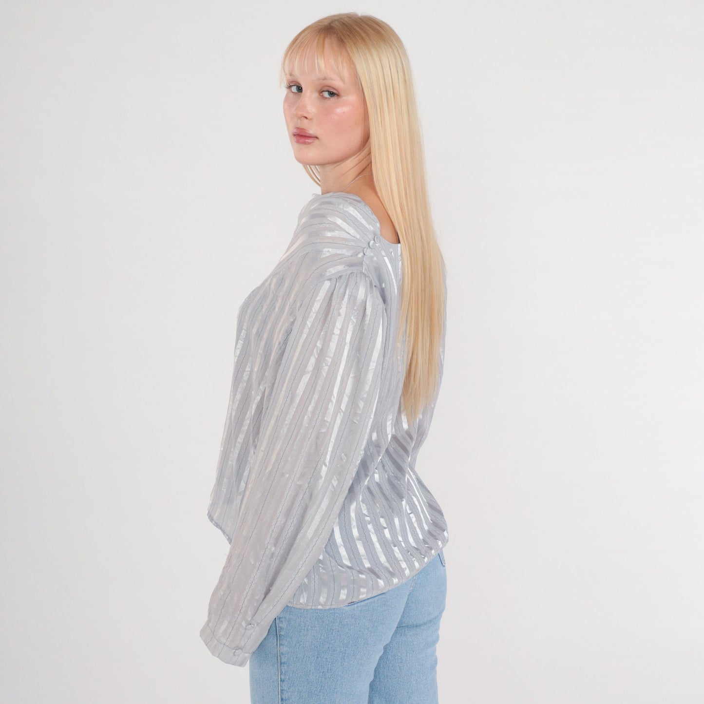 80s Metallic Silver Striped Cowl Neck Blouse Long Sleeve Semi-Sheer Large L
