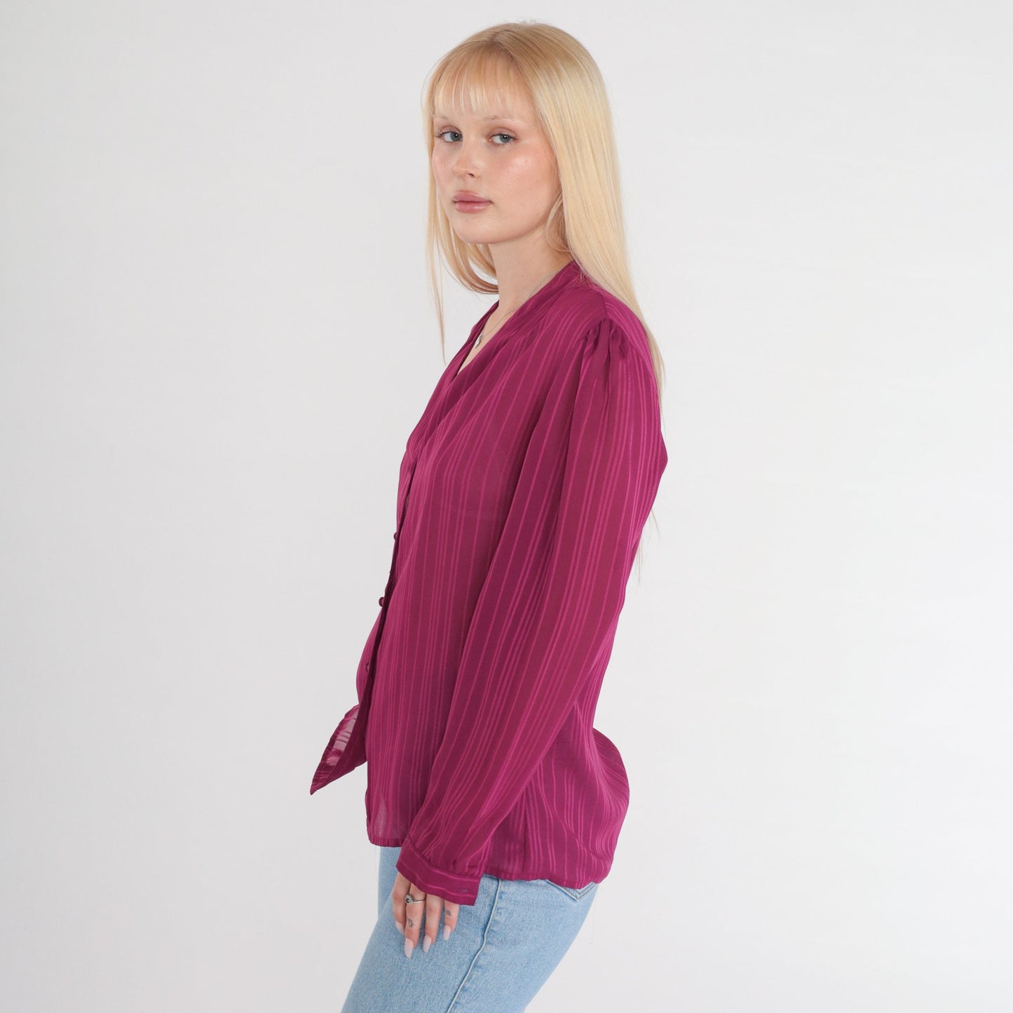 80s Purple Striped Semi-Sheer Blouse V-Neck Button-Up Long Sleeve Medium