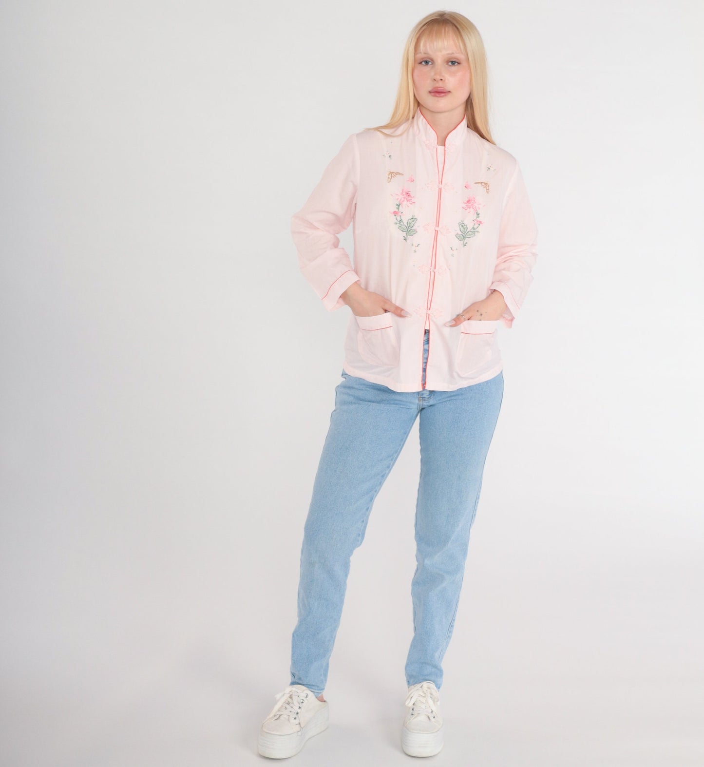 80s Baby Pink Mandarin Collar Blouse Butterfly Floral Embroidered Frog Button Small