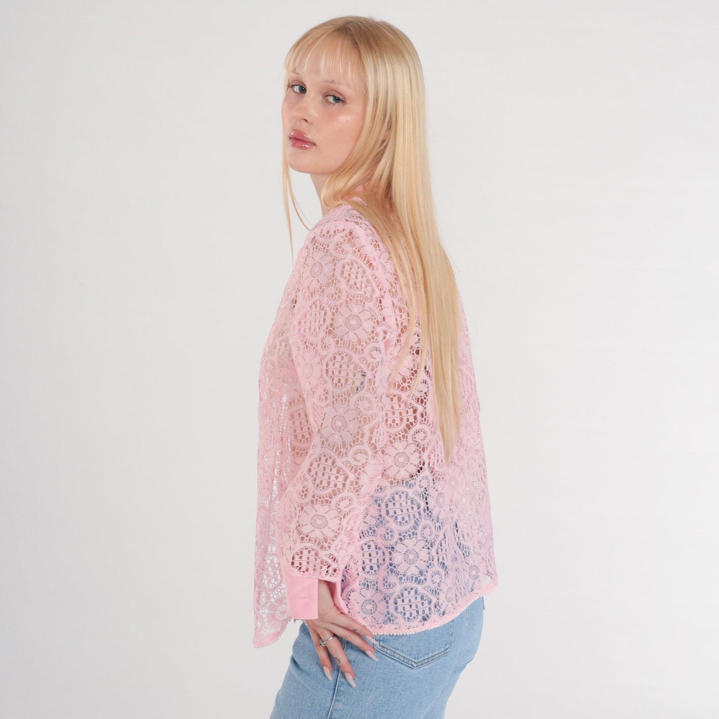 70s Pink Lace Blouse Sheer Floral Long Sleeve Open Front Medium M
