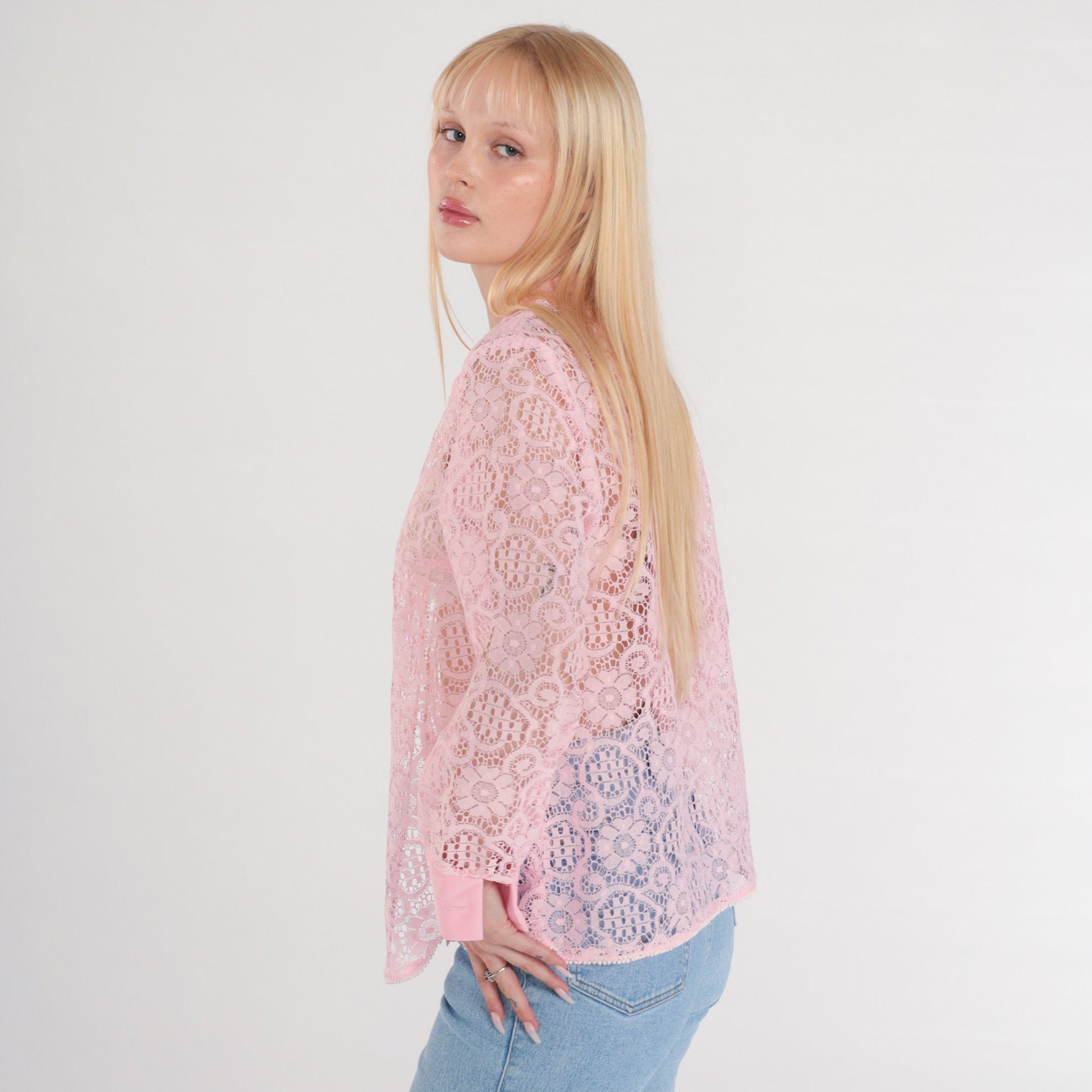 70s Pink Lace Blouse Sheer Floral Long Sleeve Open Front Medium M