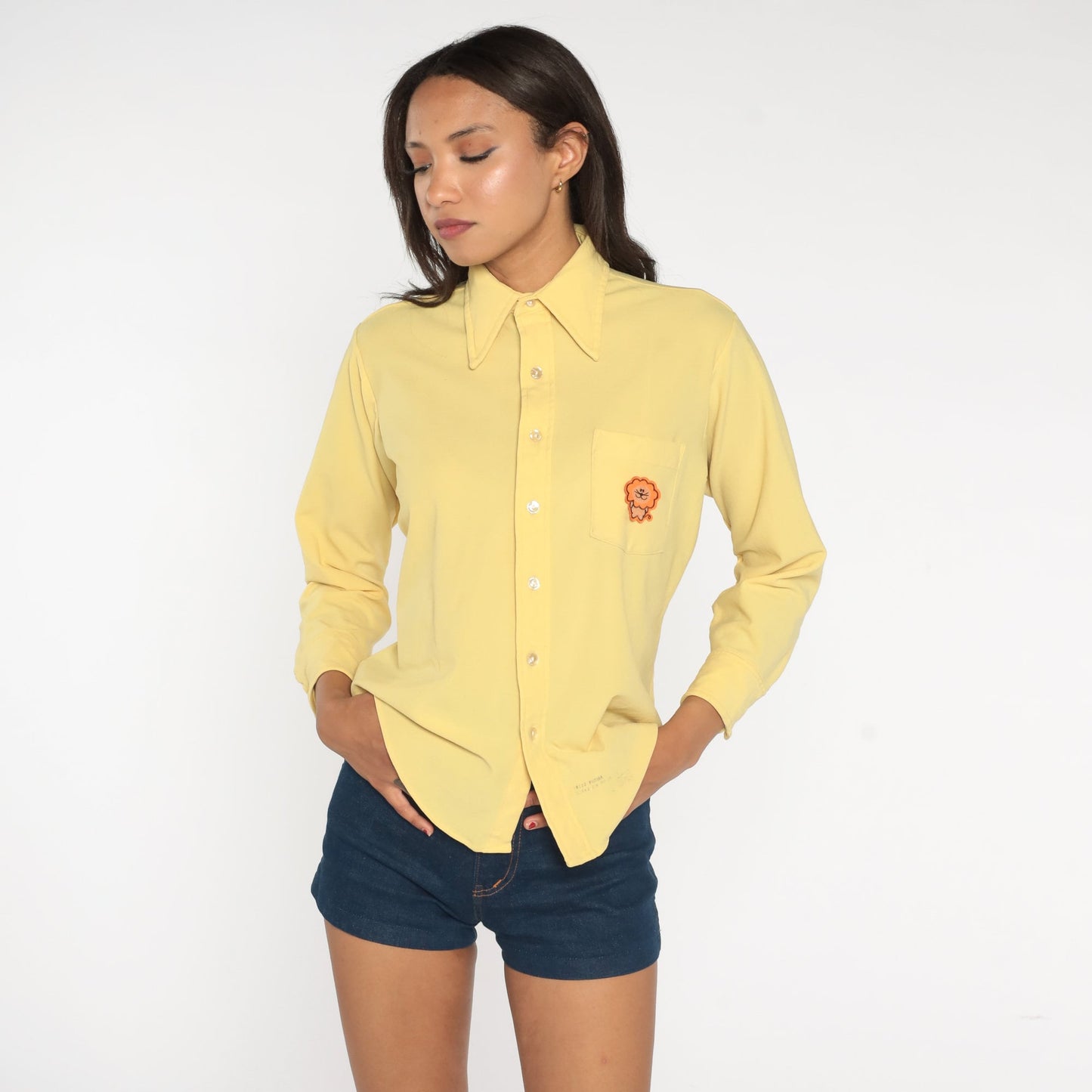 70s Lion Chest Print Button Up Shirt Yellow Long Sleeve Men's Large
