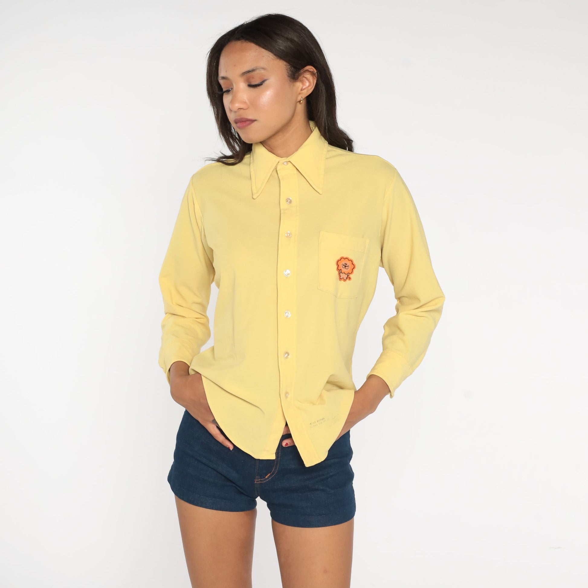 70s Lion Chest Print Button Up Shirt Yellow Long Sleeve Men's Large