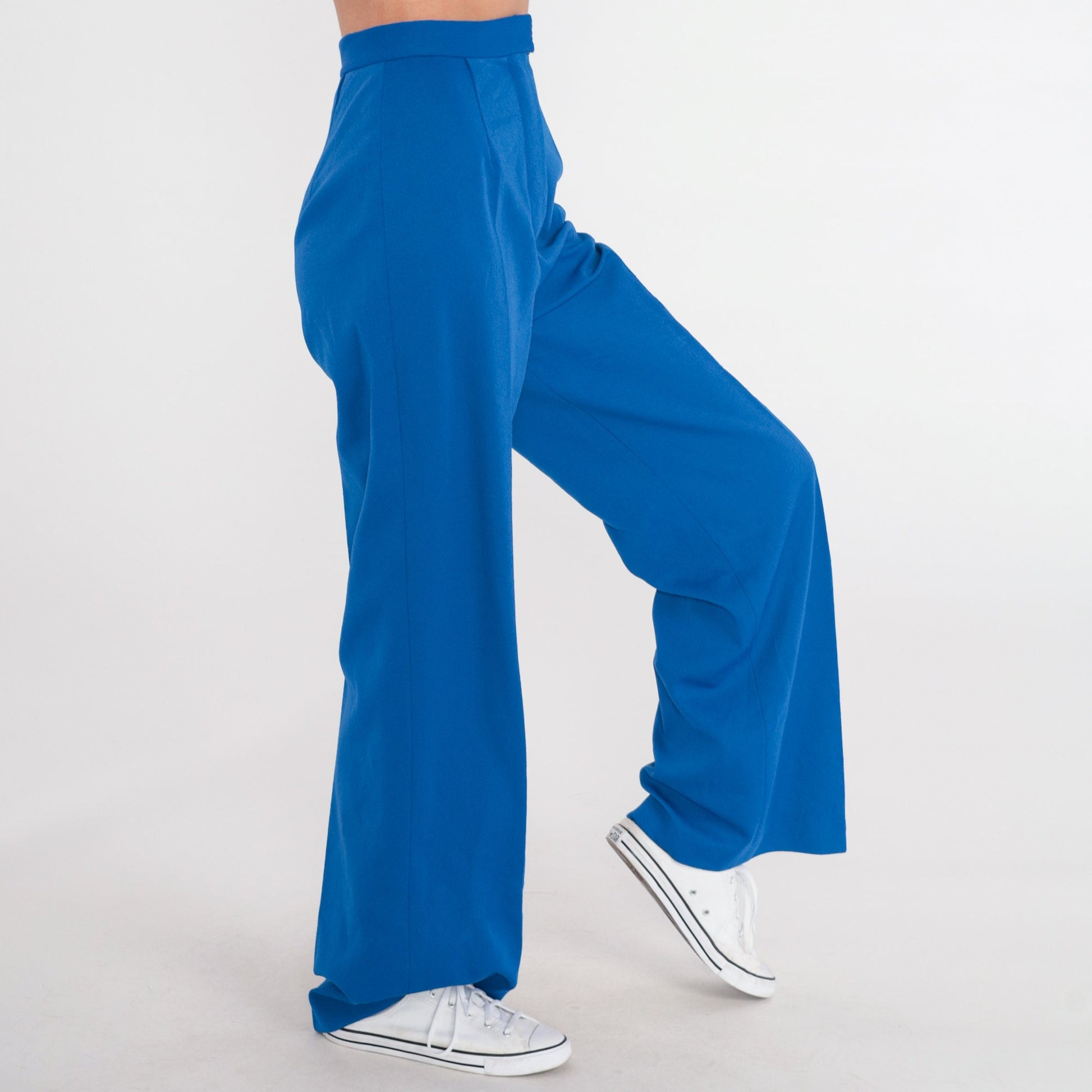 70s Royal Blue High-Waisted Flared Trousers Creased Leg Extra Small