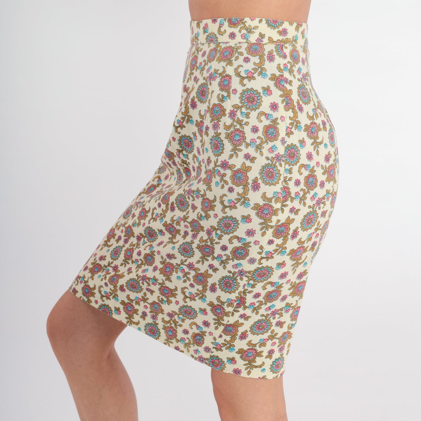 60s Floral Mini Skirt Cream Flower Print High Waisted Pencil Xs
