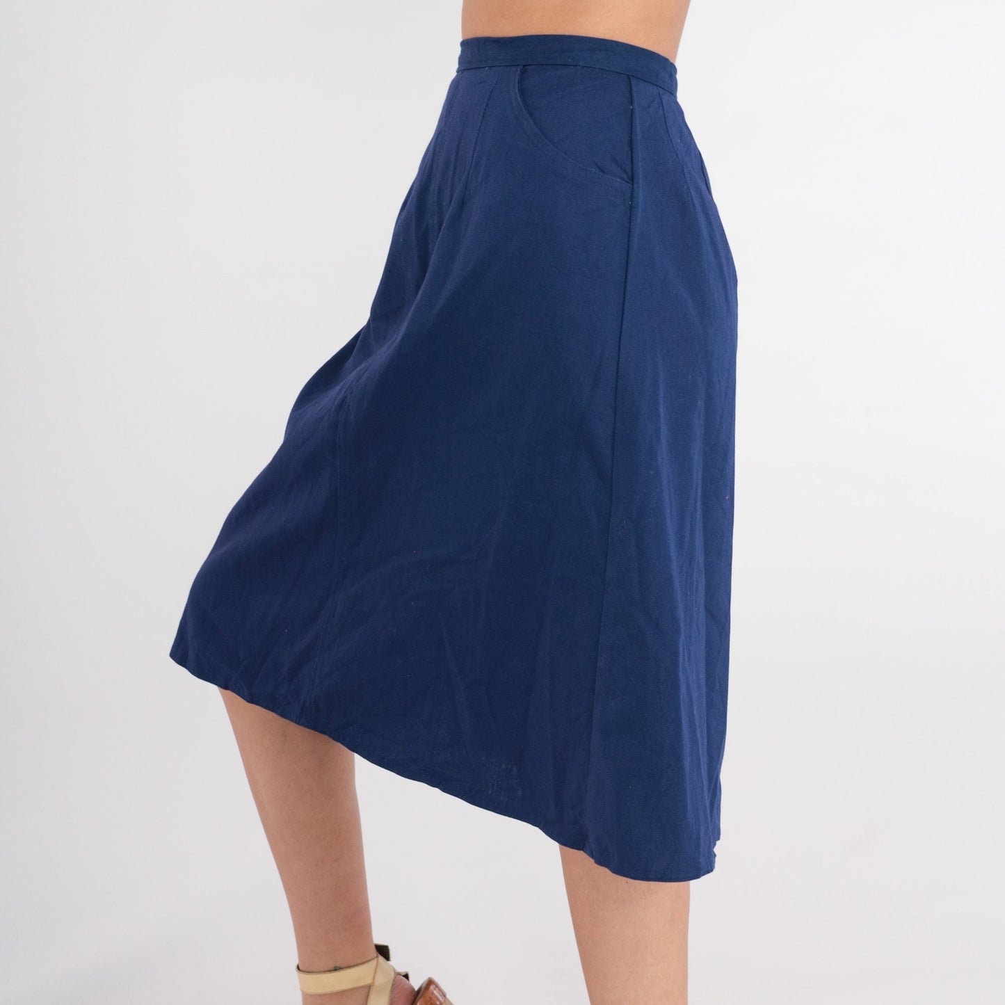 80s Navy Midi Skirt High-Waisted A-Line Extra Small XS