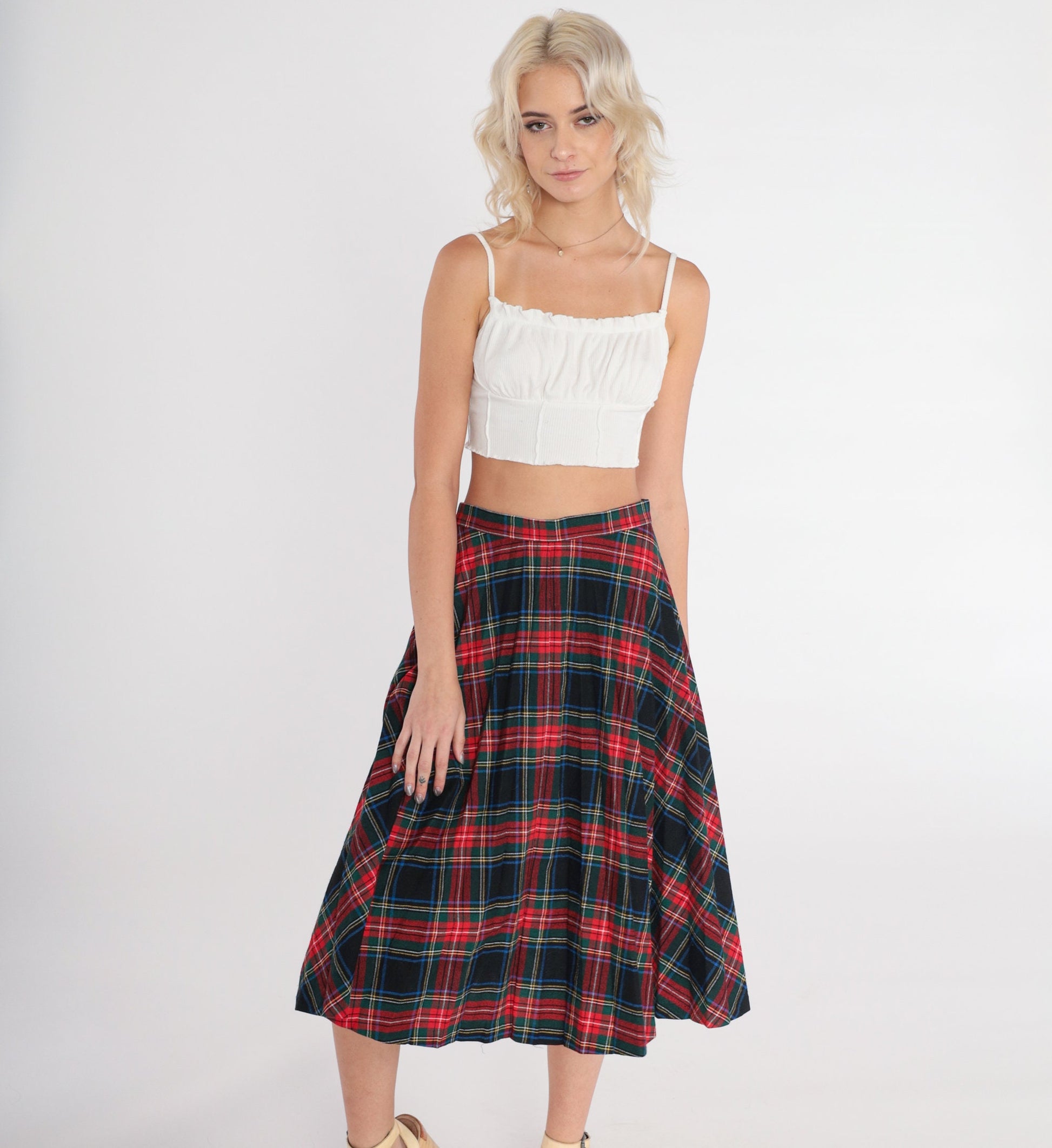 70s Saks Fifth Avenue Plaid Midi Skirt High Waist Pleated Small