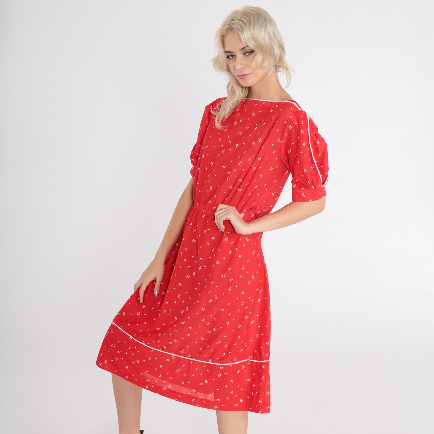 70s Red Floral Midi Dress White Flower Print High Waist Puff Sleeve Medium Large