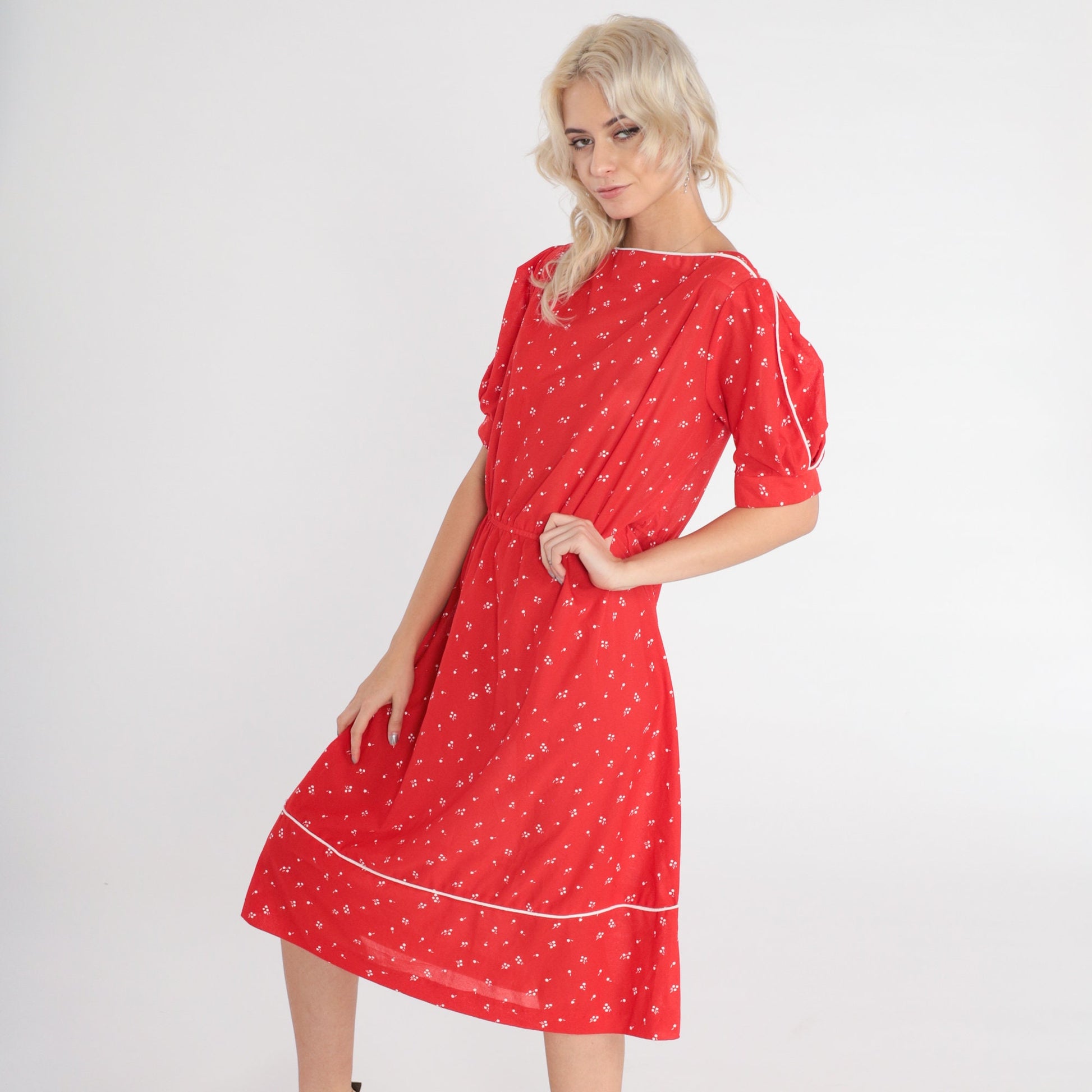 70s Red Floral Midi Dress White Flower Print High Waist Puff Sleeve Medium Large