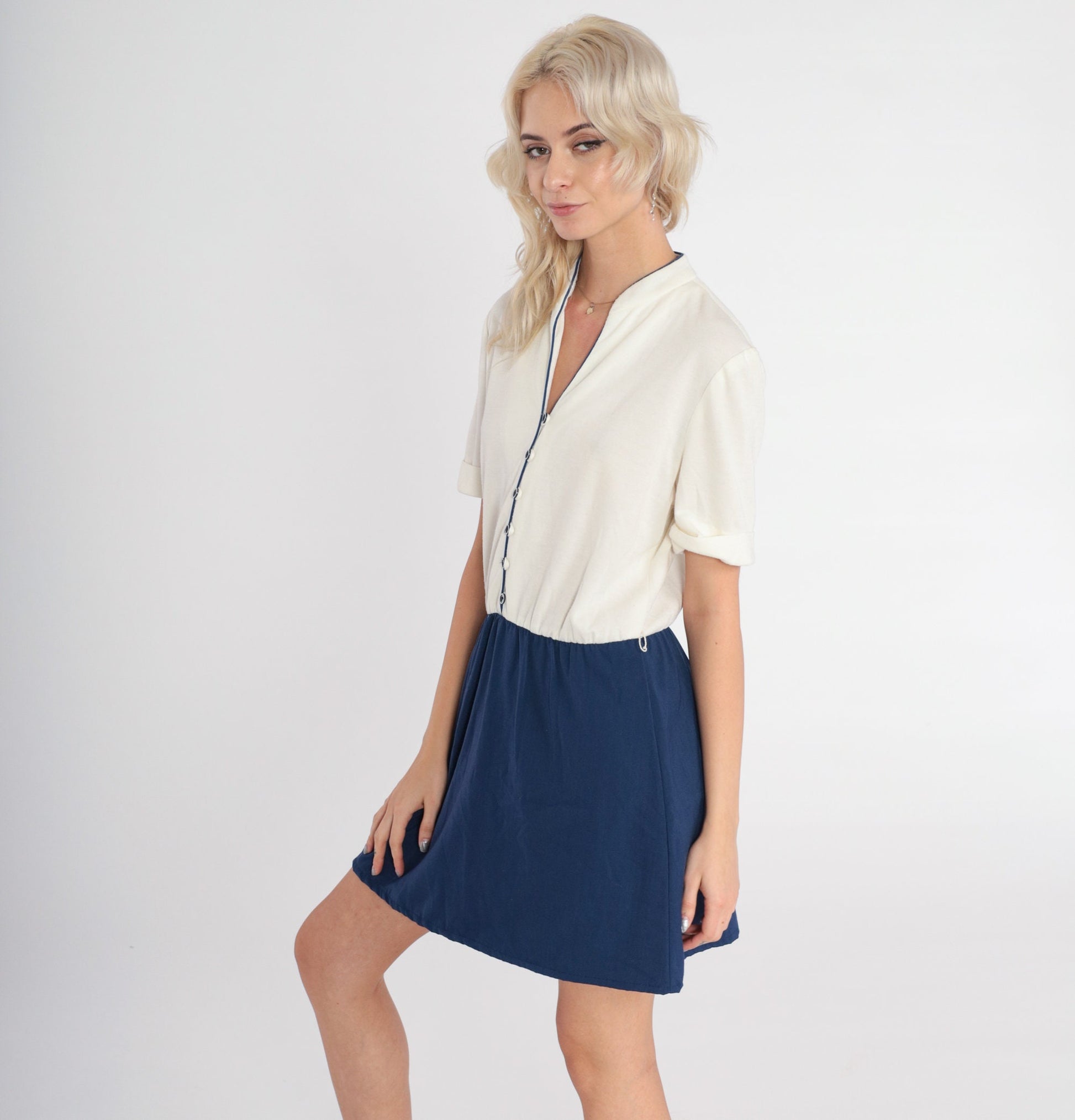 80s White Navy Colorblock Mini Dress Button-Up Shirtwaist Small