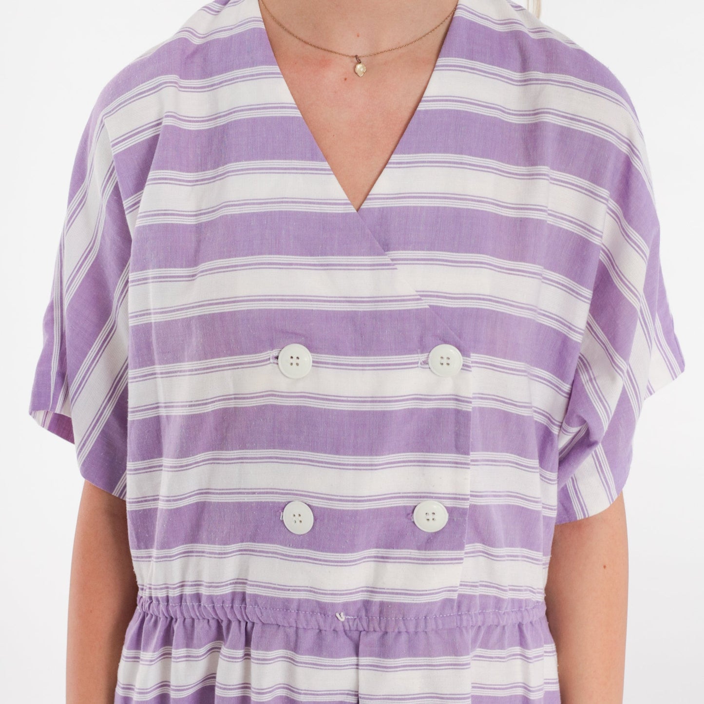 80s Striped Midi Dress White Purple Double Breasted V-Neck High Waisted Medium