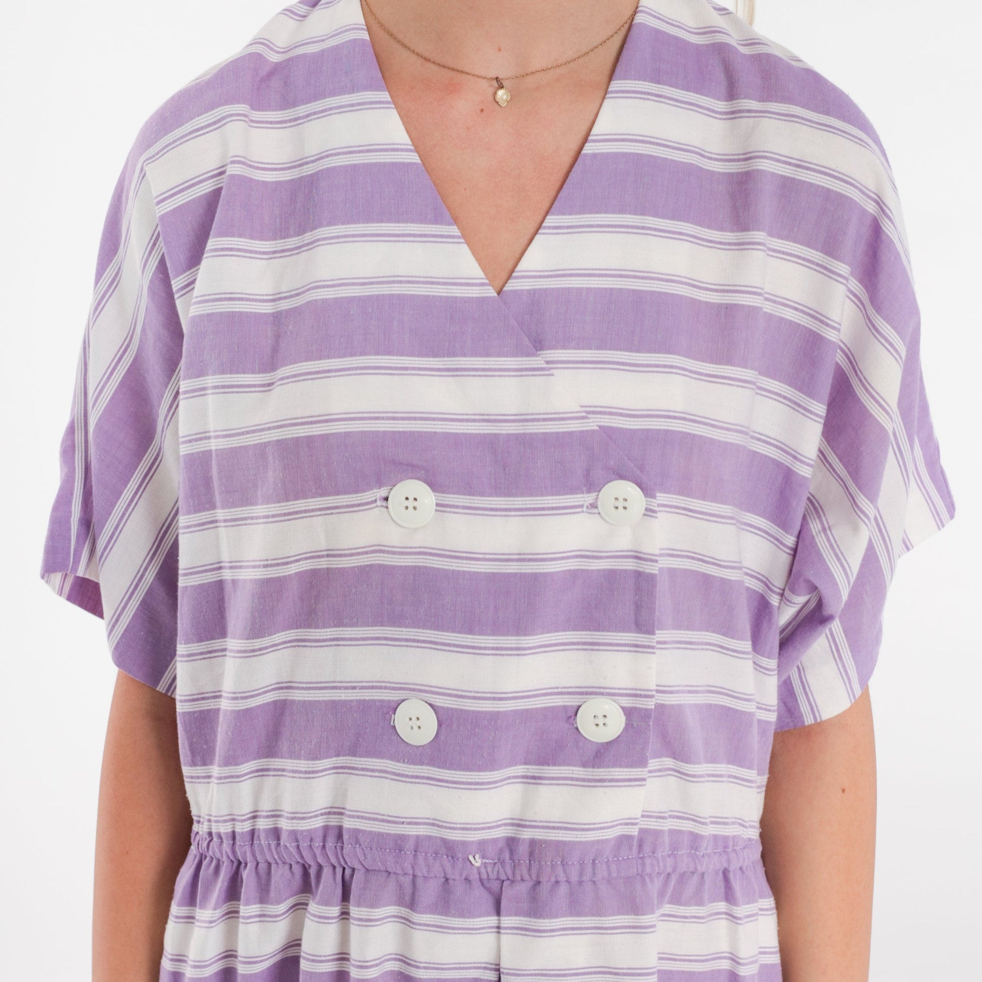 80s Striped Midi Dress White Purple Double Breasted V-Neck High Waisted Medium