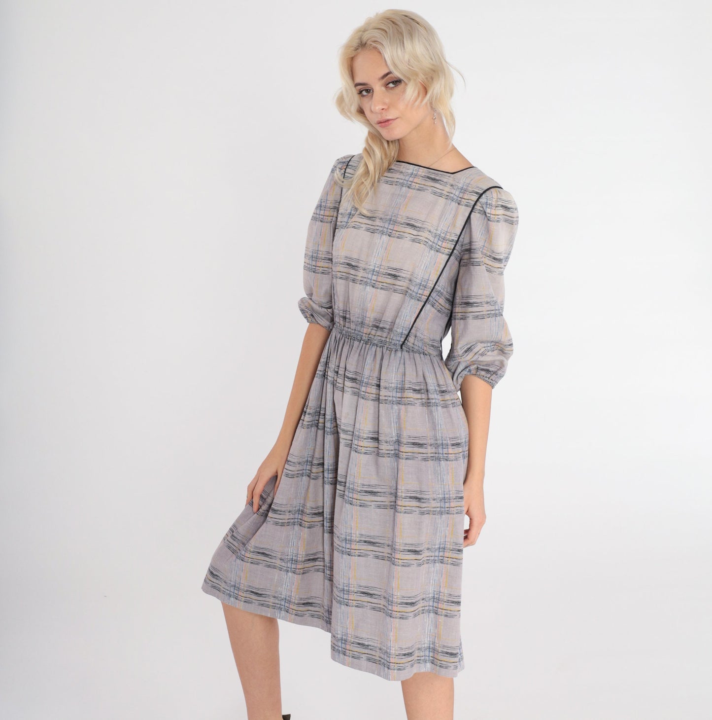 80s Leslie Faye Midi Dress Grey Checkered Puff Sleeve High Waisted Small