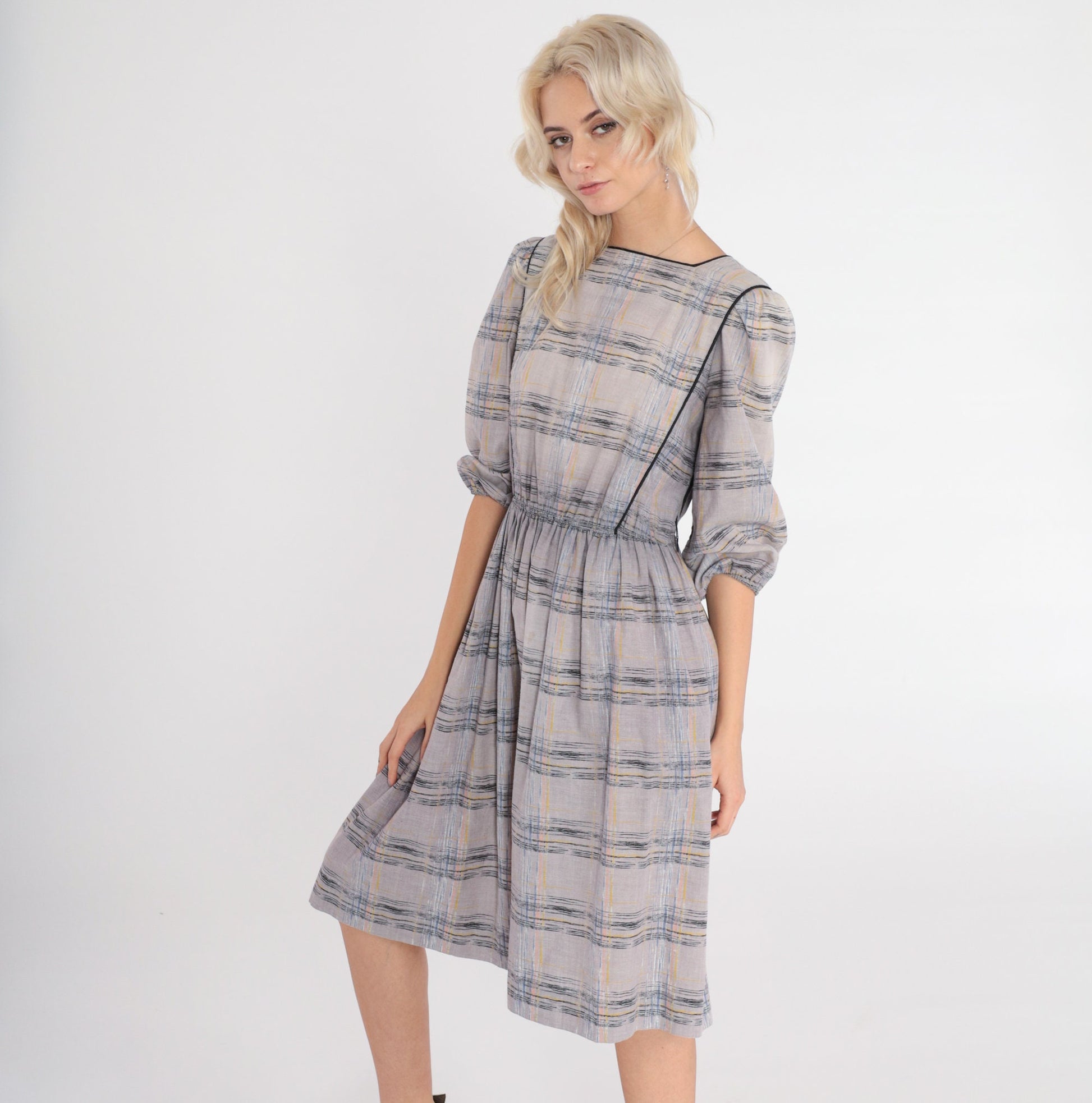 80s Leslie Faye Midi Dress Grey Checkered Puff Sleeve High Waisted Small