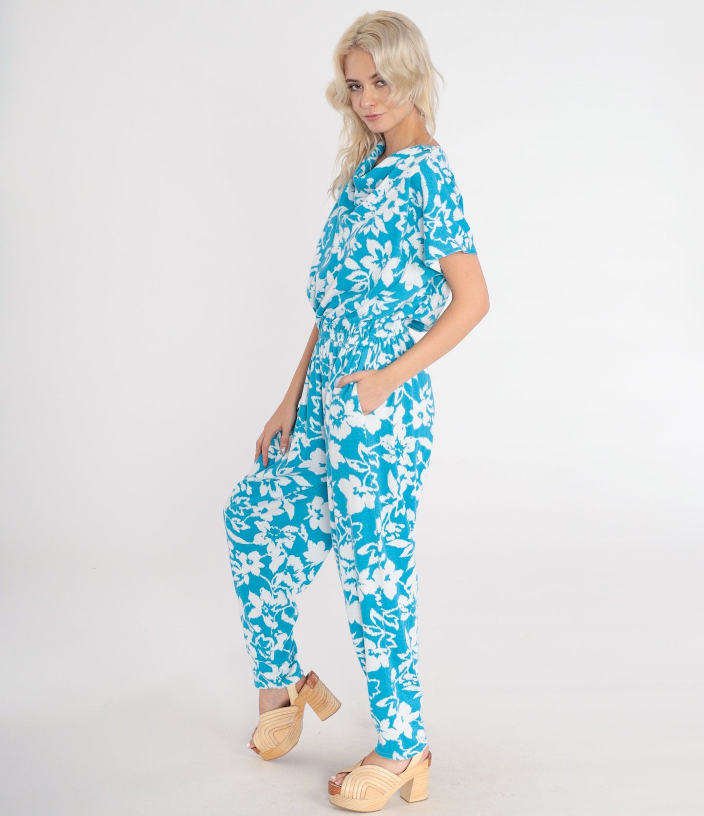 80s Blue Floral Jumpsuit White Print Cowl Neck Tapered Leg Medium Large