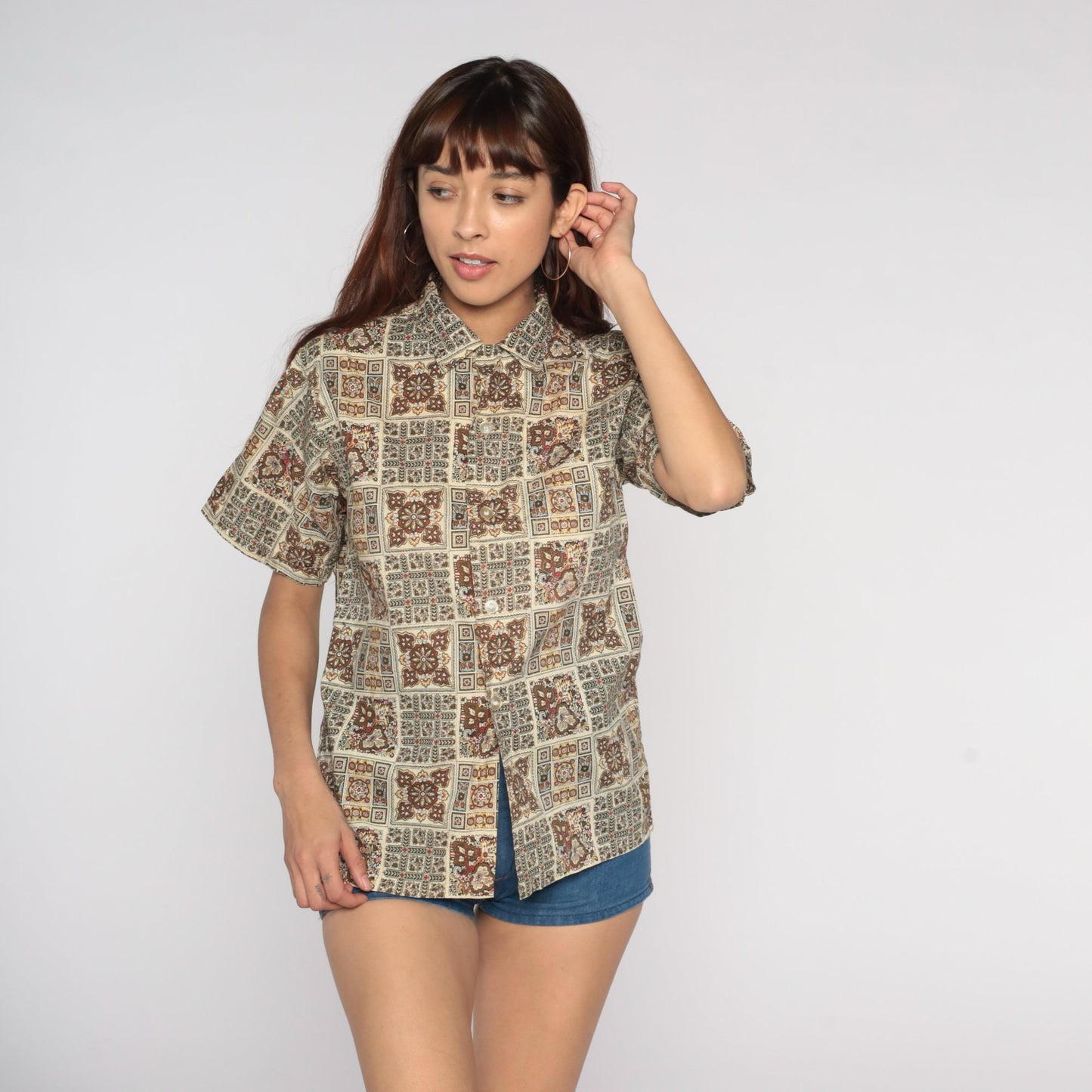 60s Geometric Print Button-Up Shirt Brown Cream Leaf Short Sleeve Medium