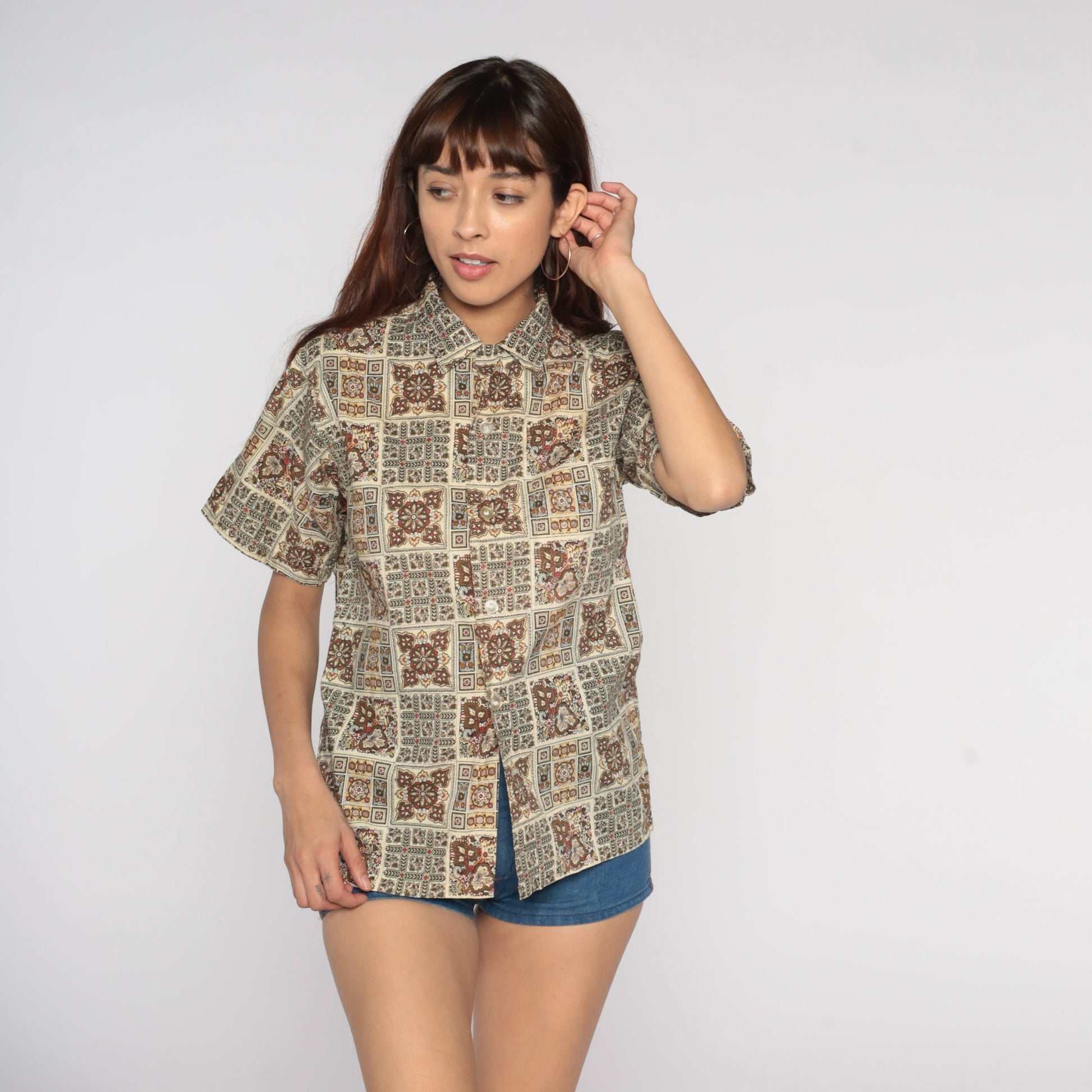 60s Geometric Print Button-Up Shirt Brown Cream Leaf Short Sleeve Medium