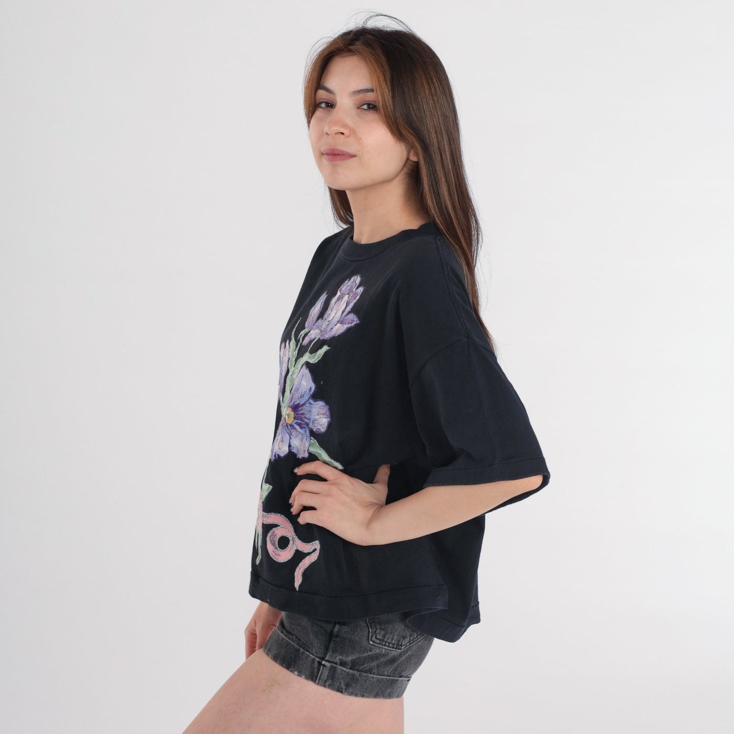 90s Black Floral Glitter T-Shirt Graphic Tee Bouquet Print Extra Large XL