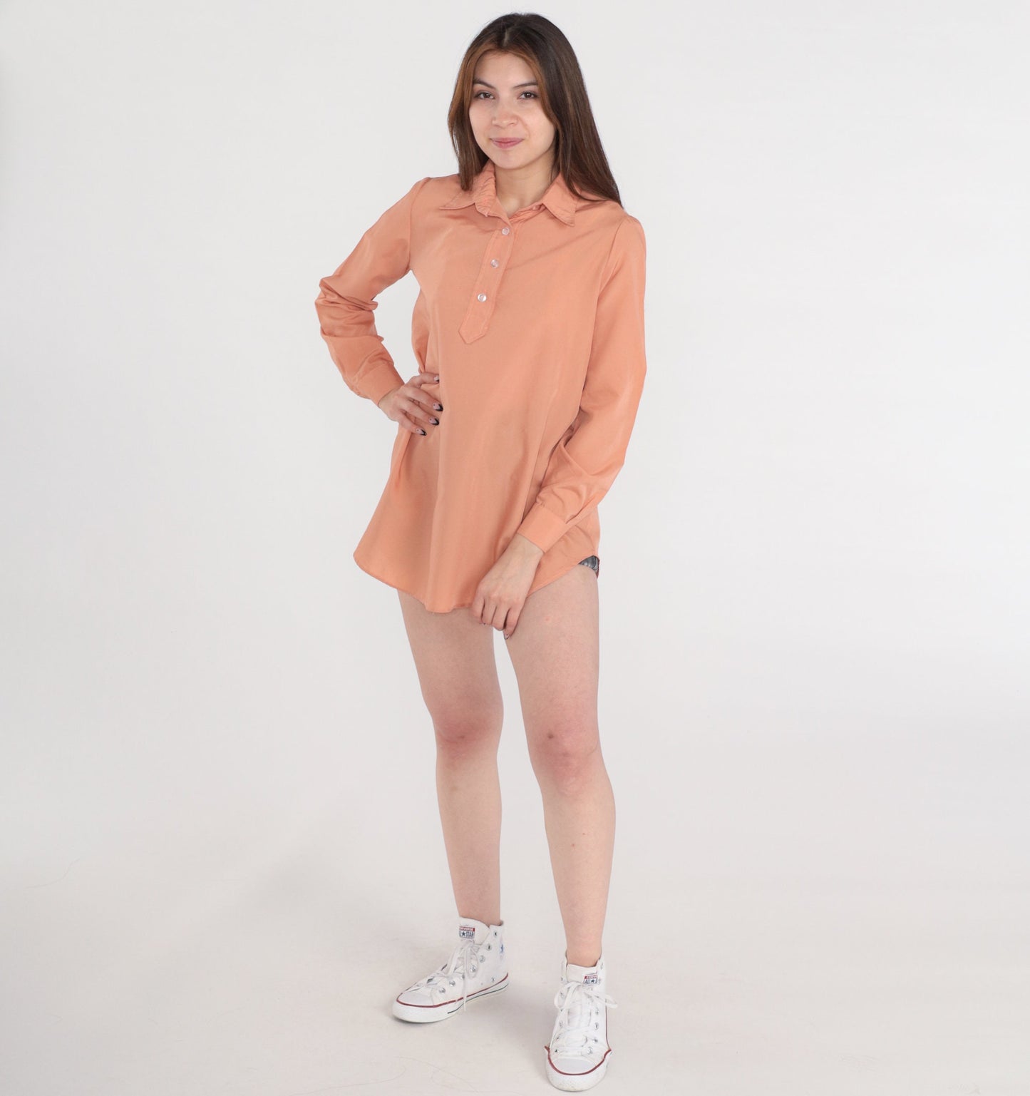 80s Salmon Collared Blouse Half-Button Long Sleeve Tunic Top Medium
