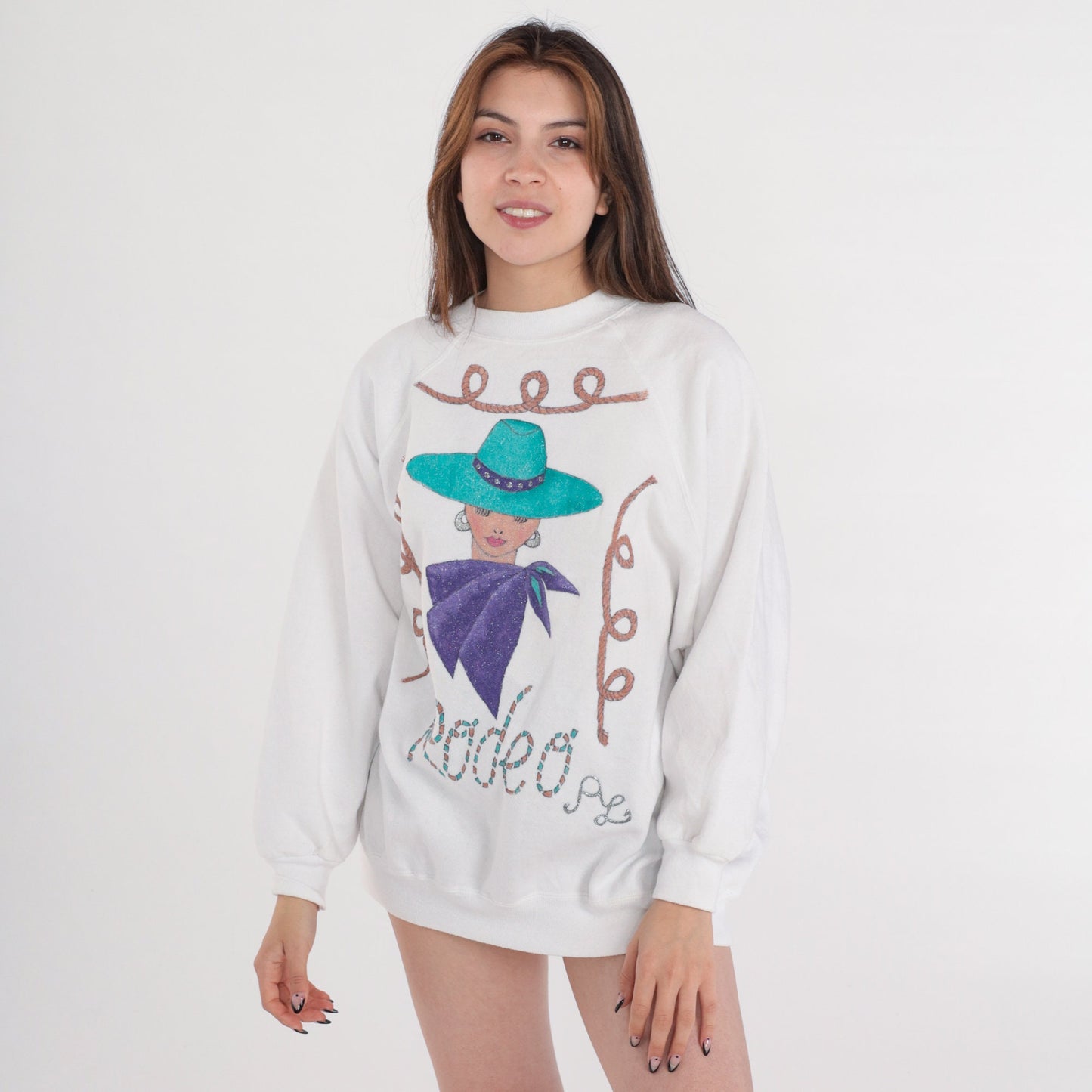 90s Rodeo Cowgirl Glitter Sweatshirt White Raglan Crewneck Pullover Extra Extra Large XXL