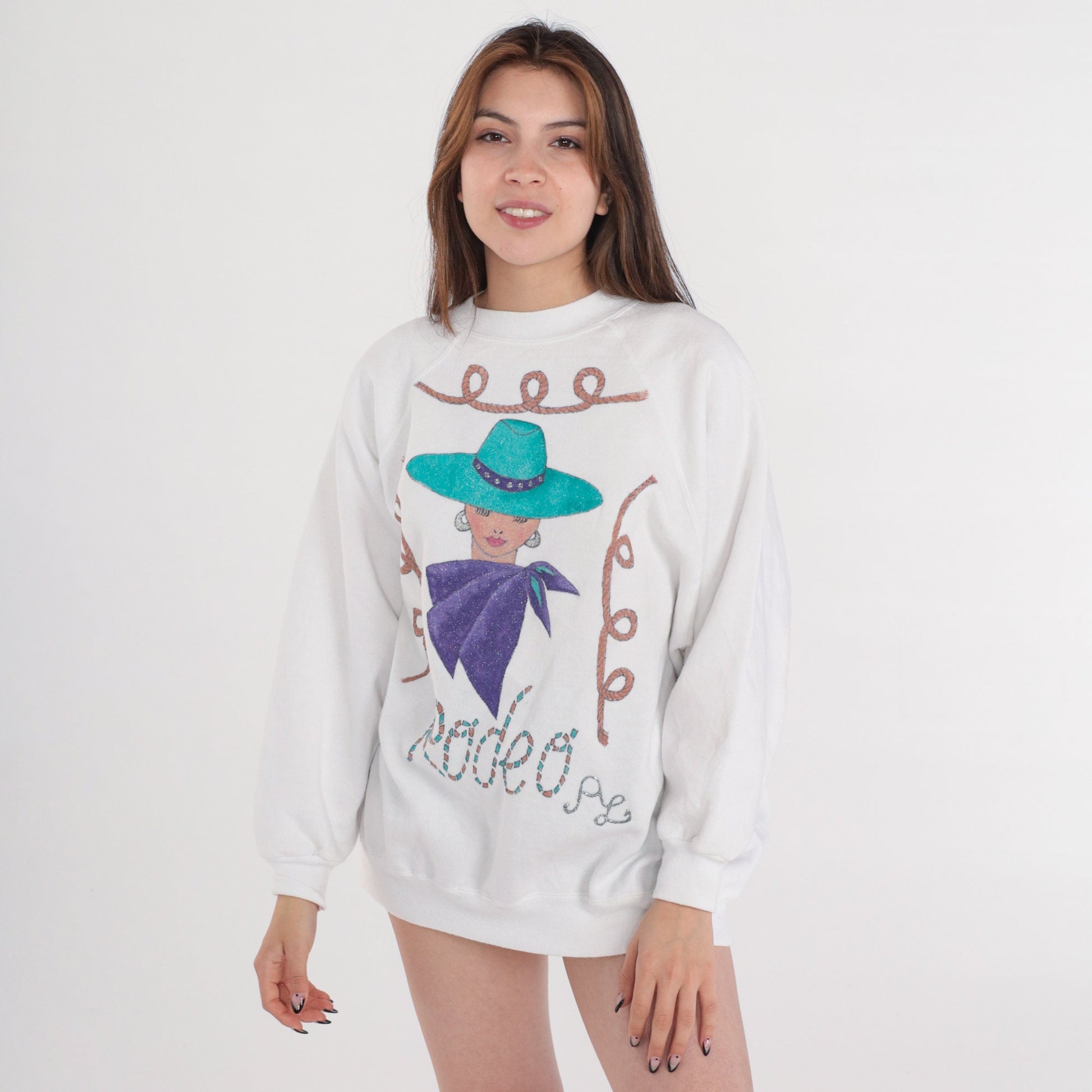 90s Rodeo Cowgirl Glitter Sweatshirt White Raglan Crewneck Pullover Extra Extra Large XXL