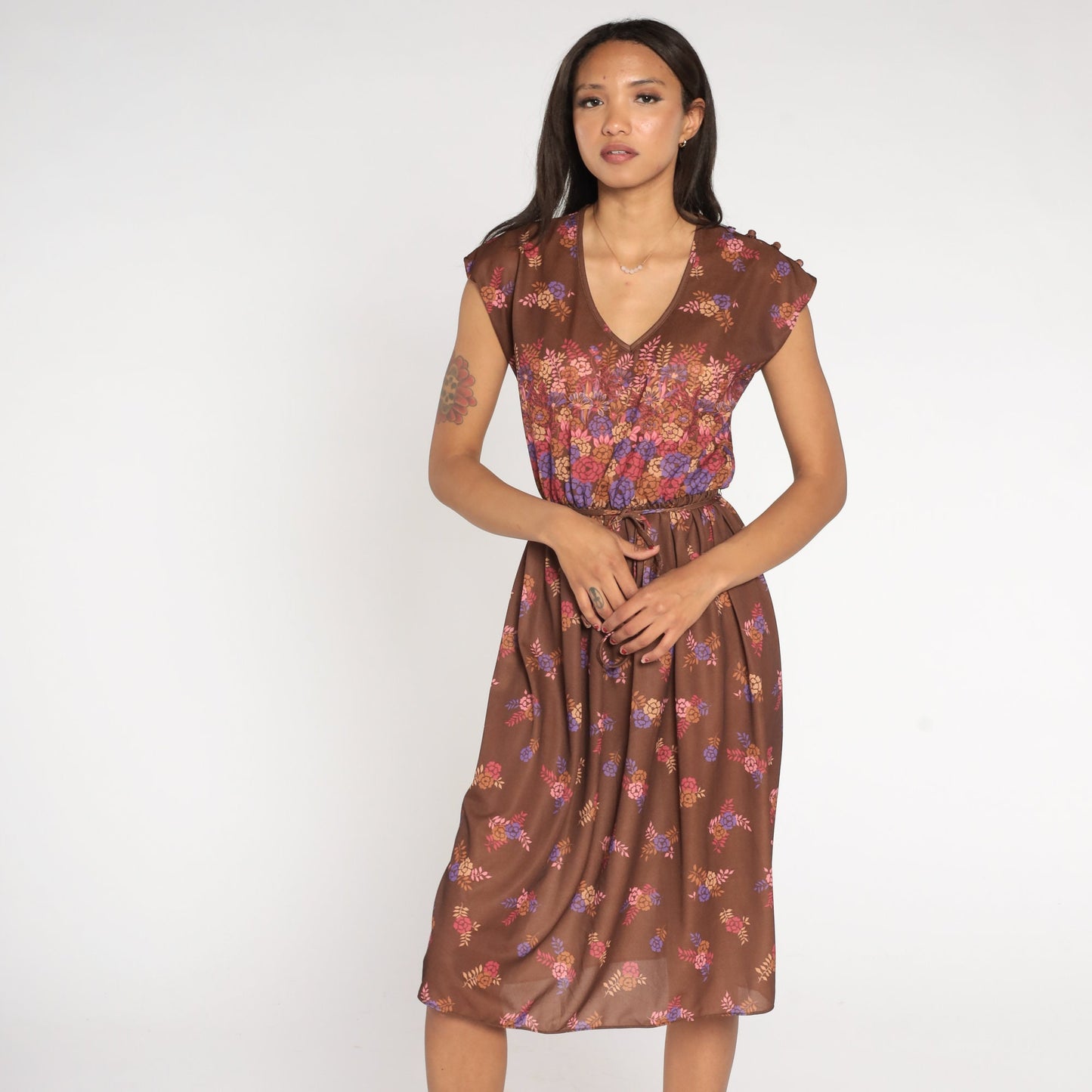 70s Floral Midi Dress Brown Semi-Sheer Deep V Neck Cap Sleeve High Waist Medium