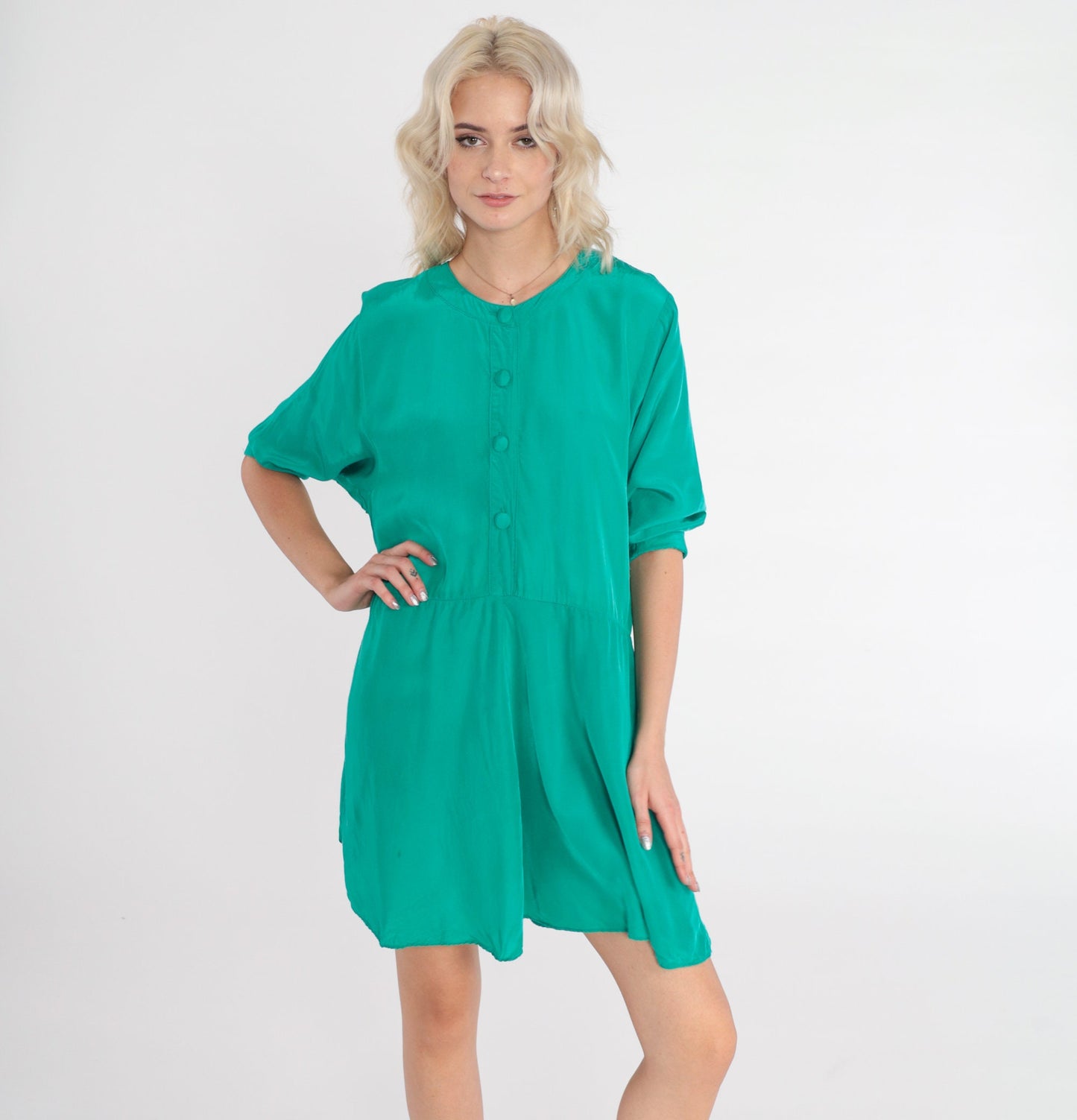 90s Nina Piccalina Green Mini Dress Button-Up Short Sleeve Medium