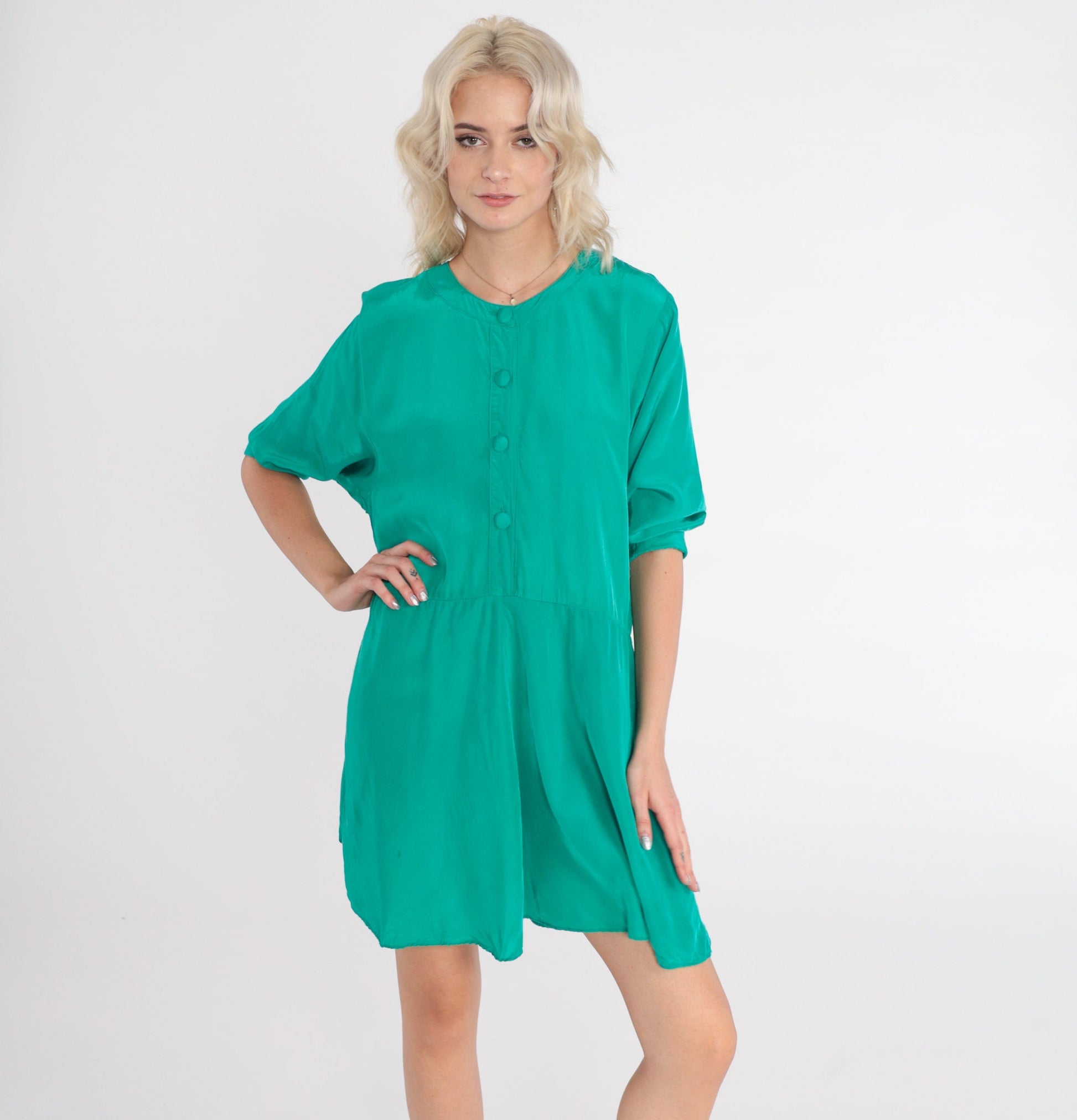 90s Nina Piccalina Green Mini Dress Button-Up Short Sleeve Medium