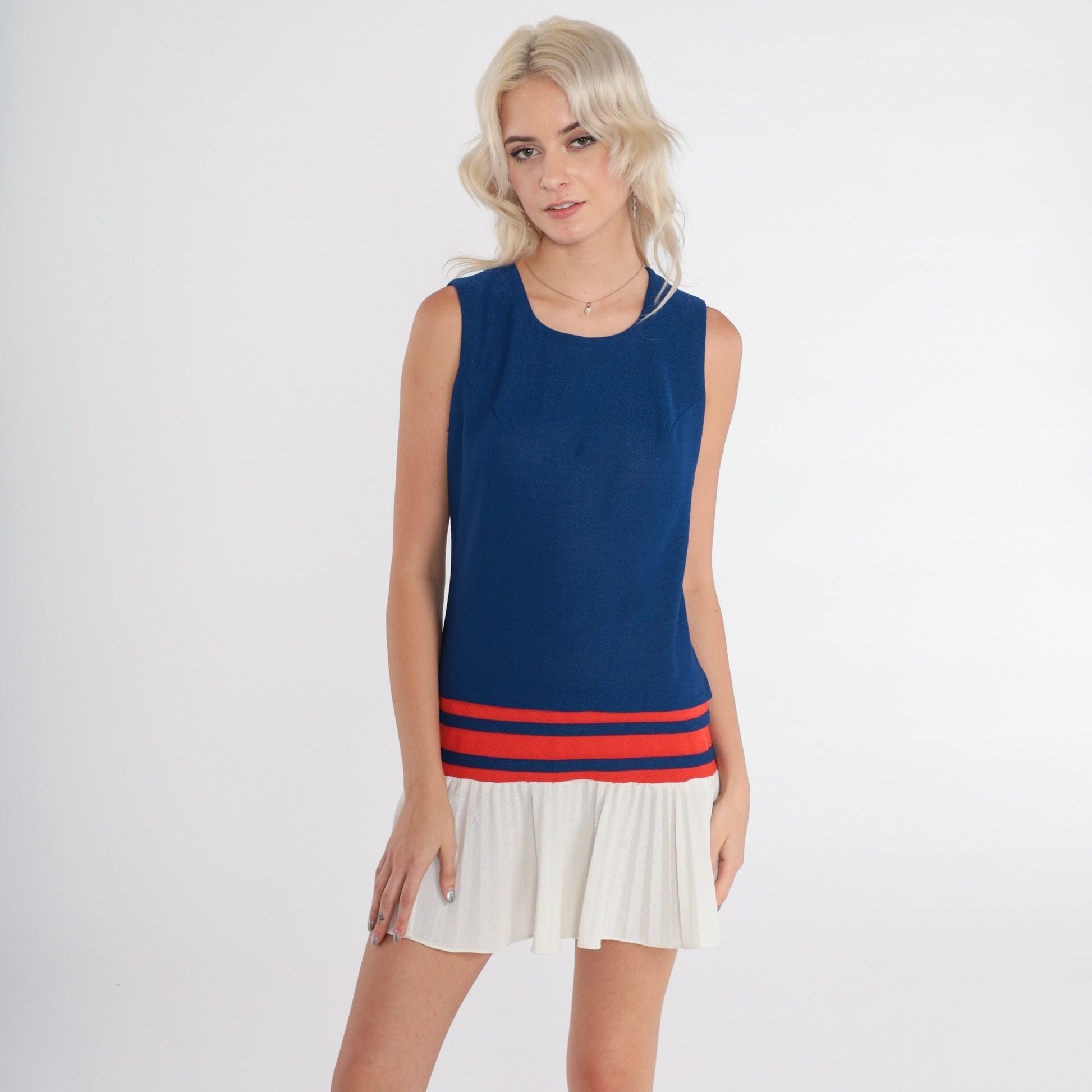 60s Candi Jones Mod Mini Dress Drop Waist Pleated Blue Red White XS