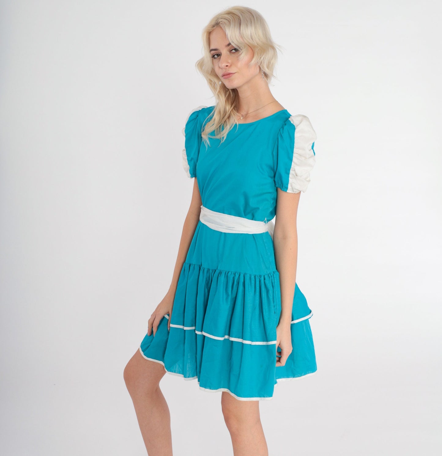 80s Blue Mini Dress Puff Sleeve Tiered Skirt High Waisted Extra Small