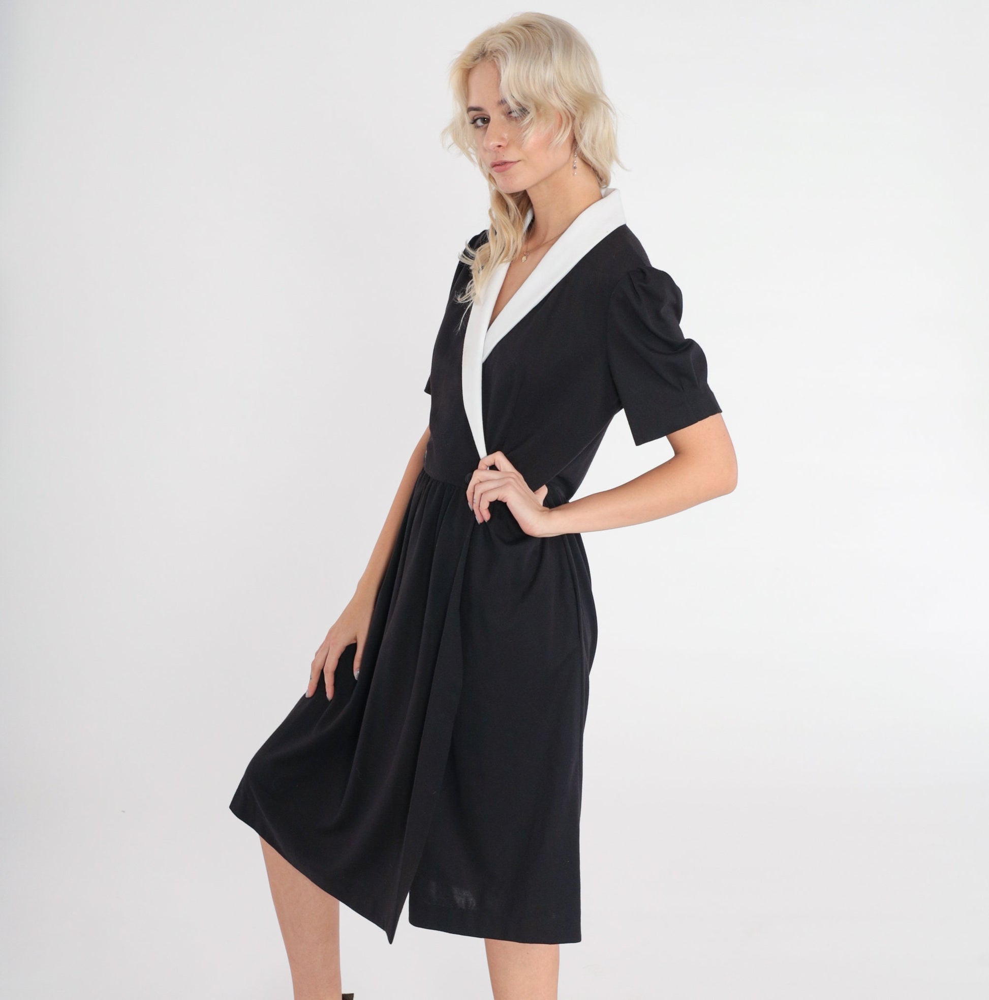 80s Black and White Collared Midi Wrap Dress Puff Sleeve High Waist Medium
