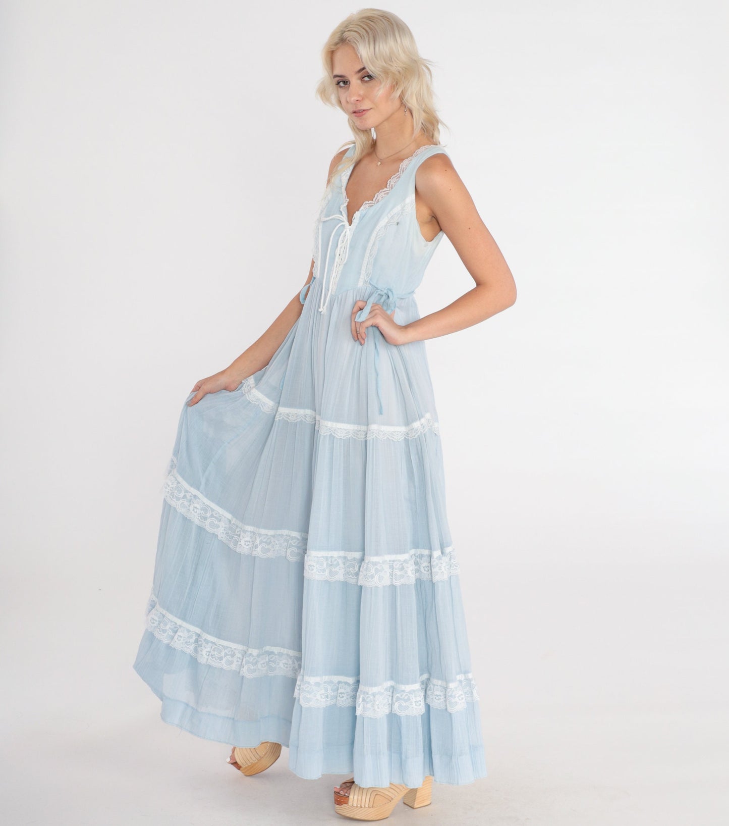 70s Gunne Sax Baby Blue Maxi Dress Lace-Up Bodice Tiered Small