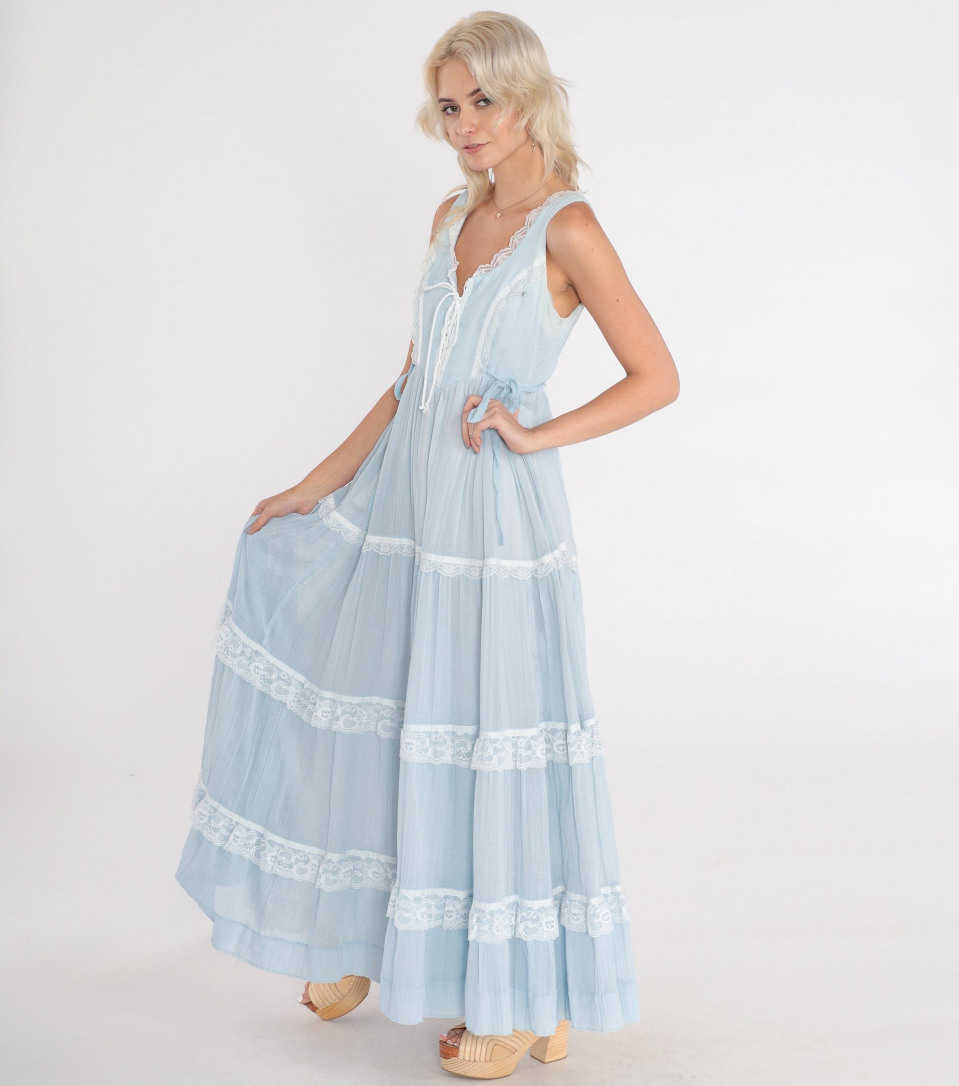 70s Gunne Sax Baby Blue Maxi Dress Lace-Up Bodice Tiered Small