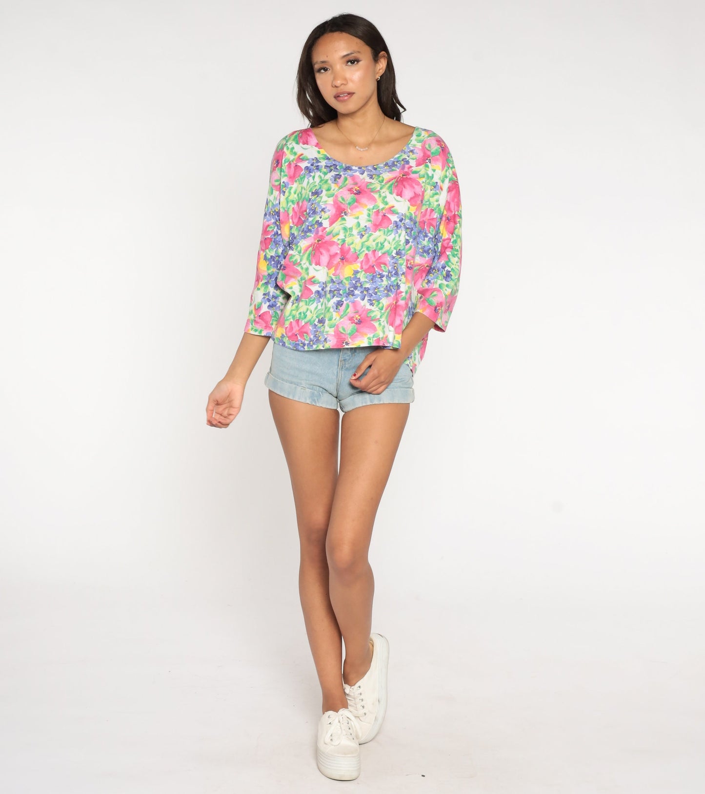 90s Floral Long Sleeve Shirt Flower Print Cotton Blend Women's 14/16