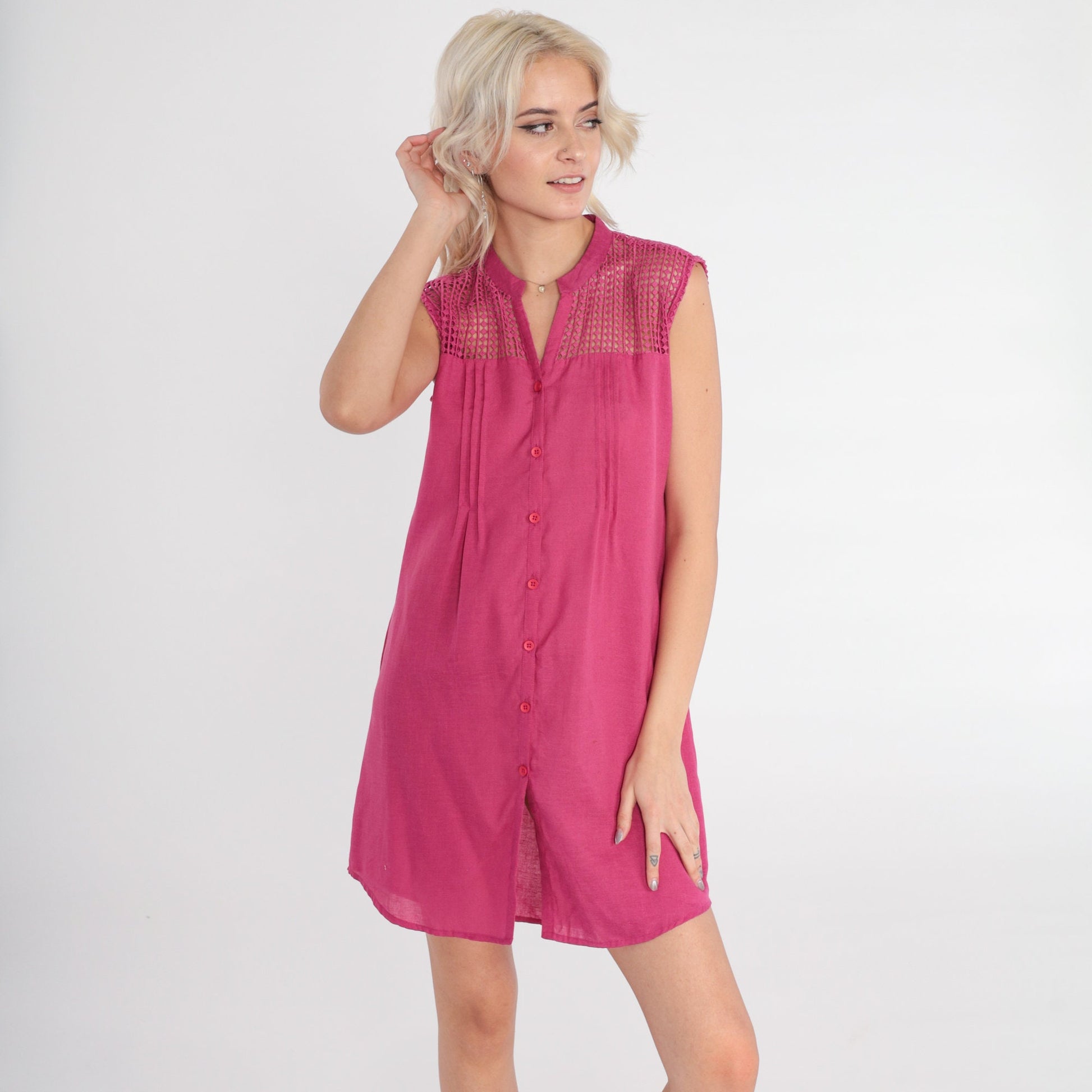 90s Pink Mini Dress Button-Up Sleeveless Sheer Cutout Yoke Medium