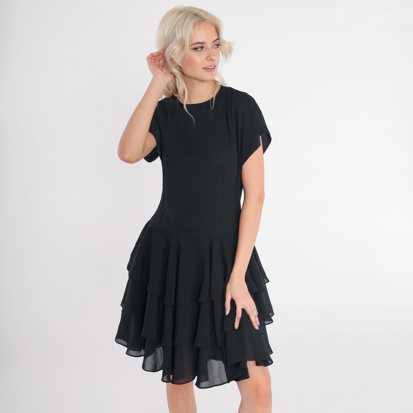 80s Jodi of California Black Mini Dress Ruffled Tiered Skirt Short Sleeve Small