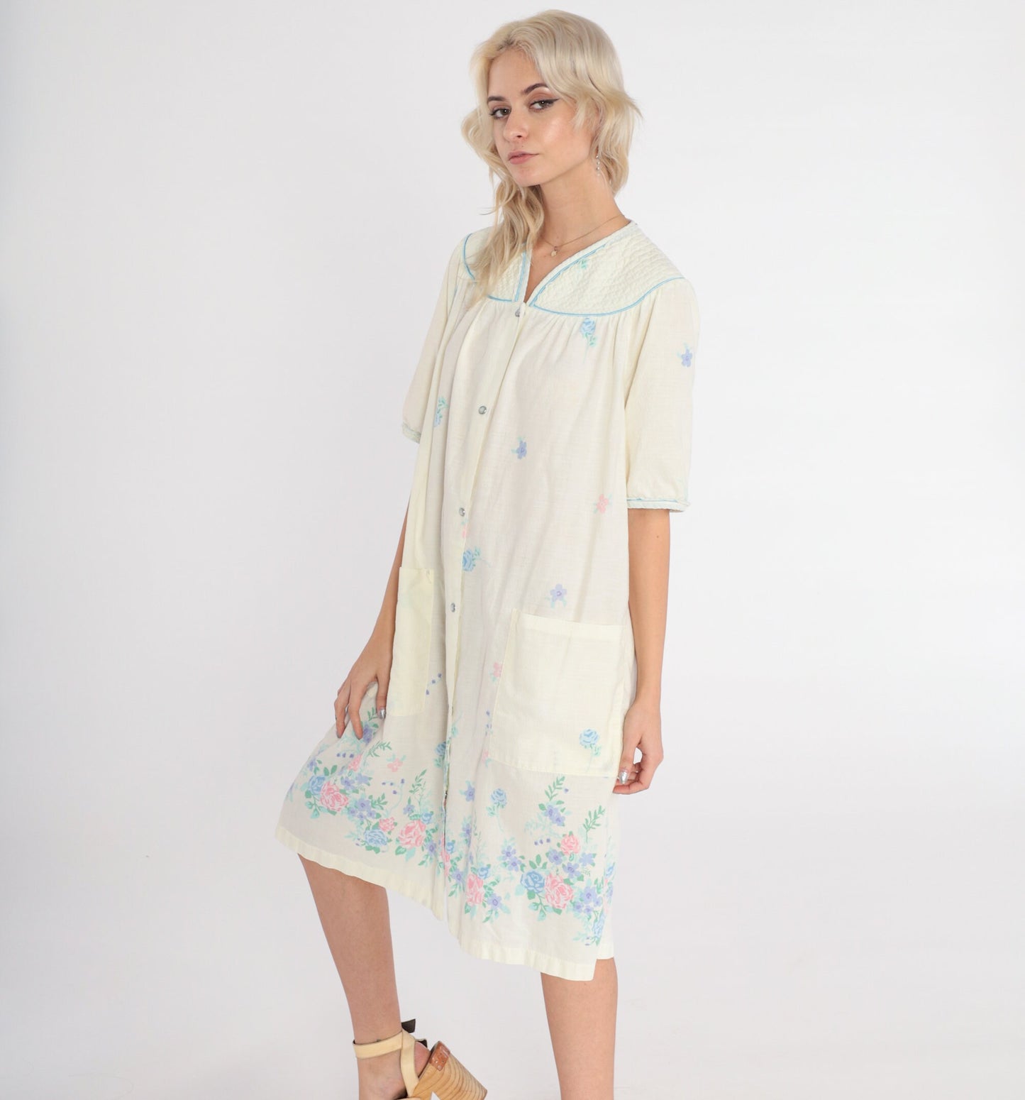 80s Pale Yellow Floral Nightgown Midi Snap-Front Pajama Dress Pockets Large L