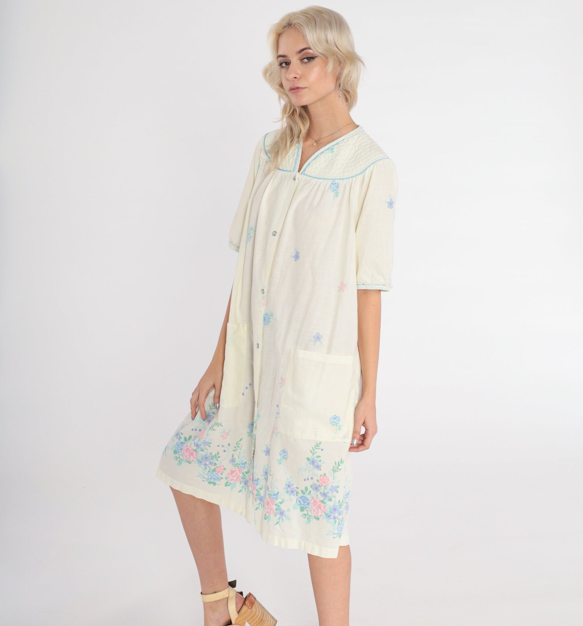 80s Pale Yellow Floral Nightgown Midi Snap-Front Pajama Dress Pockets Large L