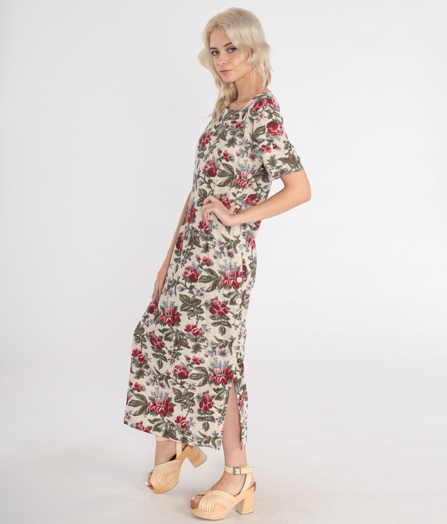 90s Cream Floral Maxi Dress Short Sleeve Ankle Length Small S