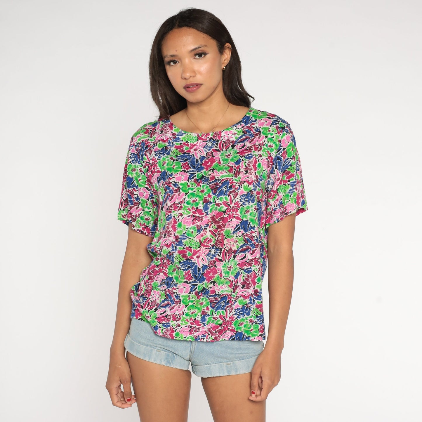 90s Floral Rayon Blouse Short Sleeve Pullover Top Neon Green Pink Purple Small S