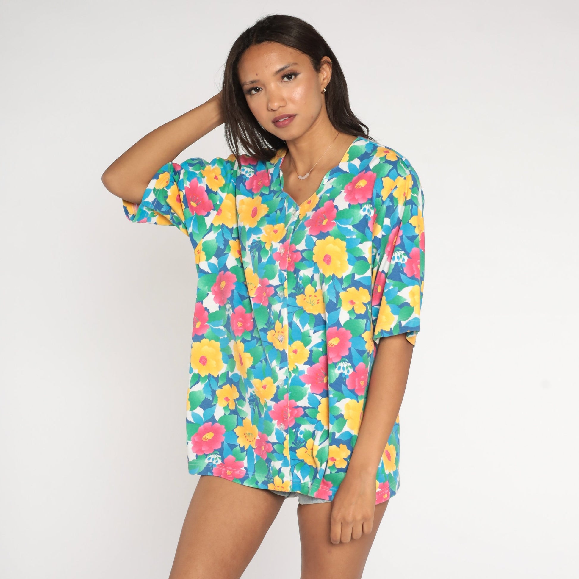 90s Floral Button Up Blouse Scalloped Neckline Short Sleeve Pink Yellow Blue Large L