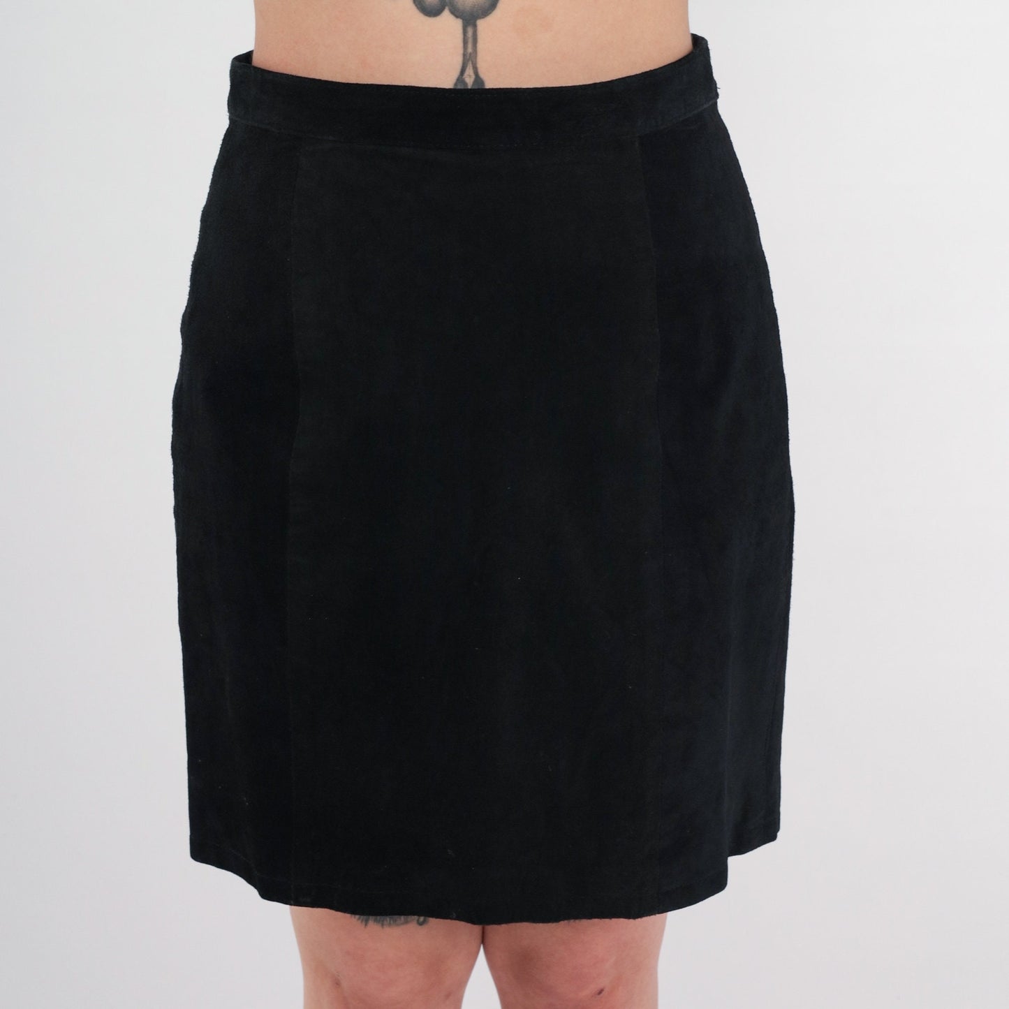 90s Black Suede Pencil Skirt Midi High Waist Rear Zip Medium