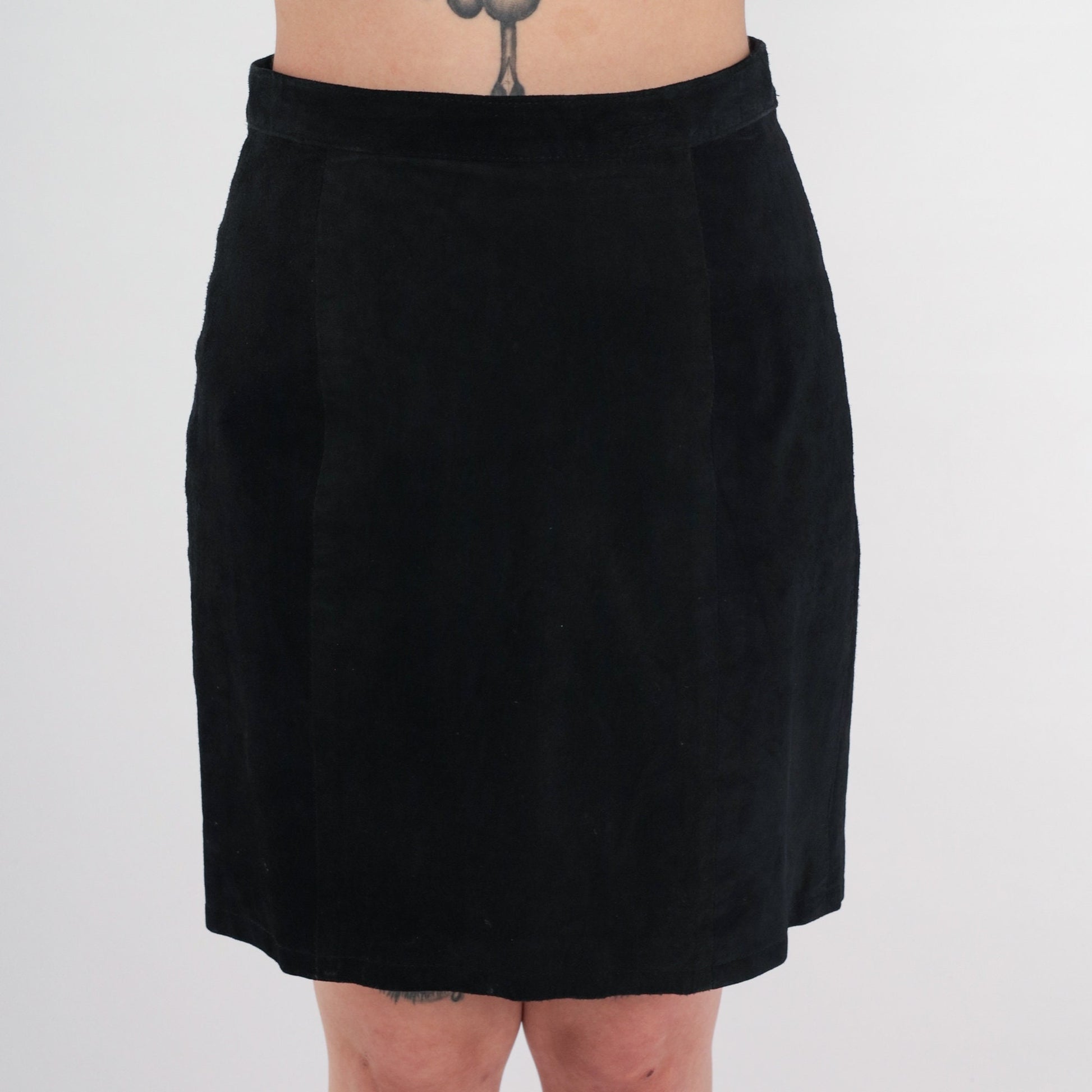 90s Black Suede Pencil Skirt Midi High Waist Rear Zip Medium