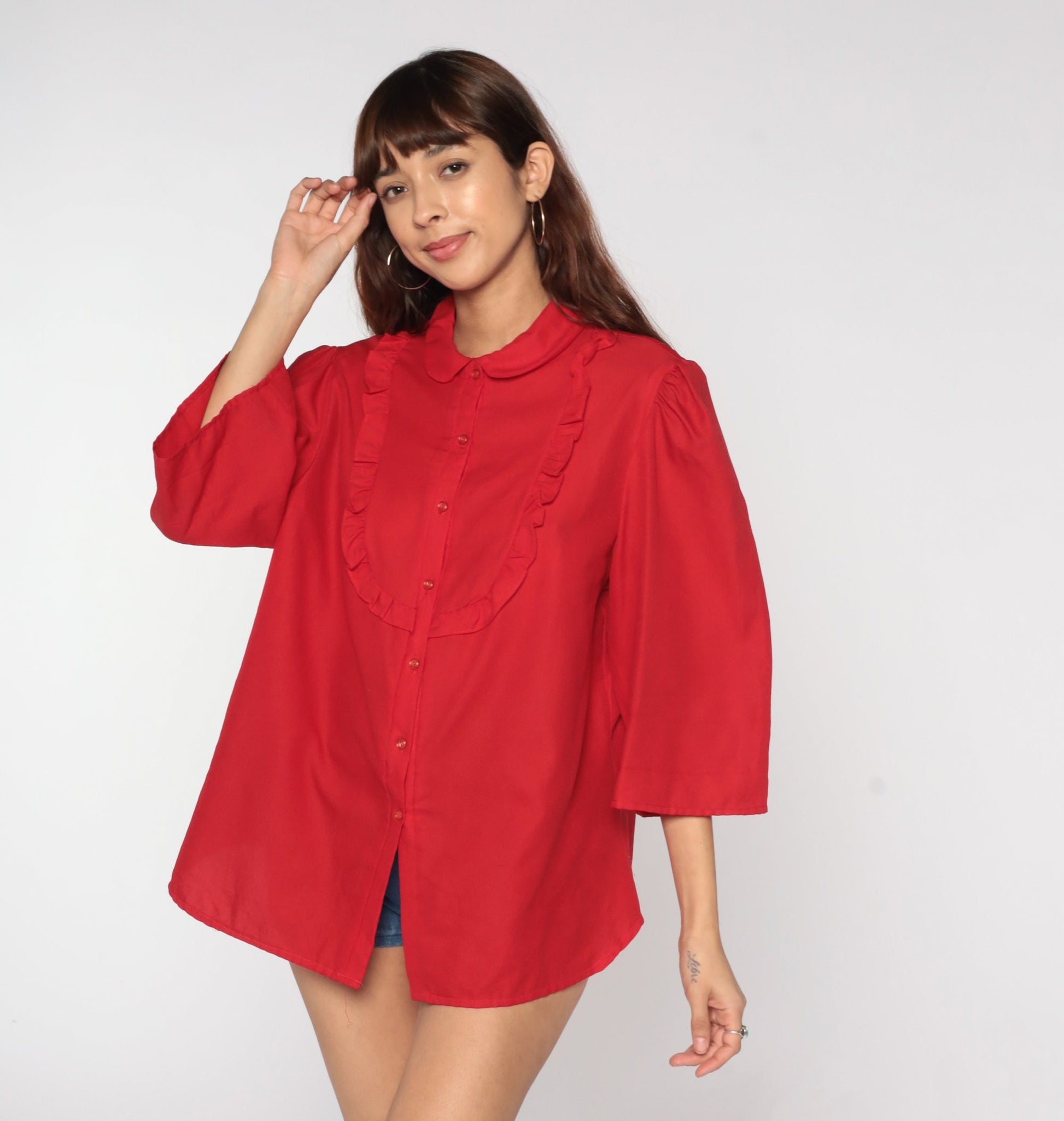 80s Red Ruffle Bib Blouse Peter Pan Collar Puff Sleeve Button Up Large