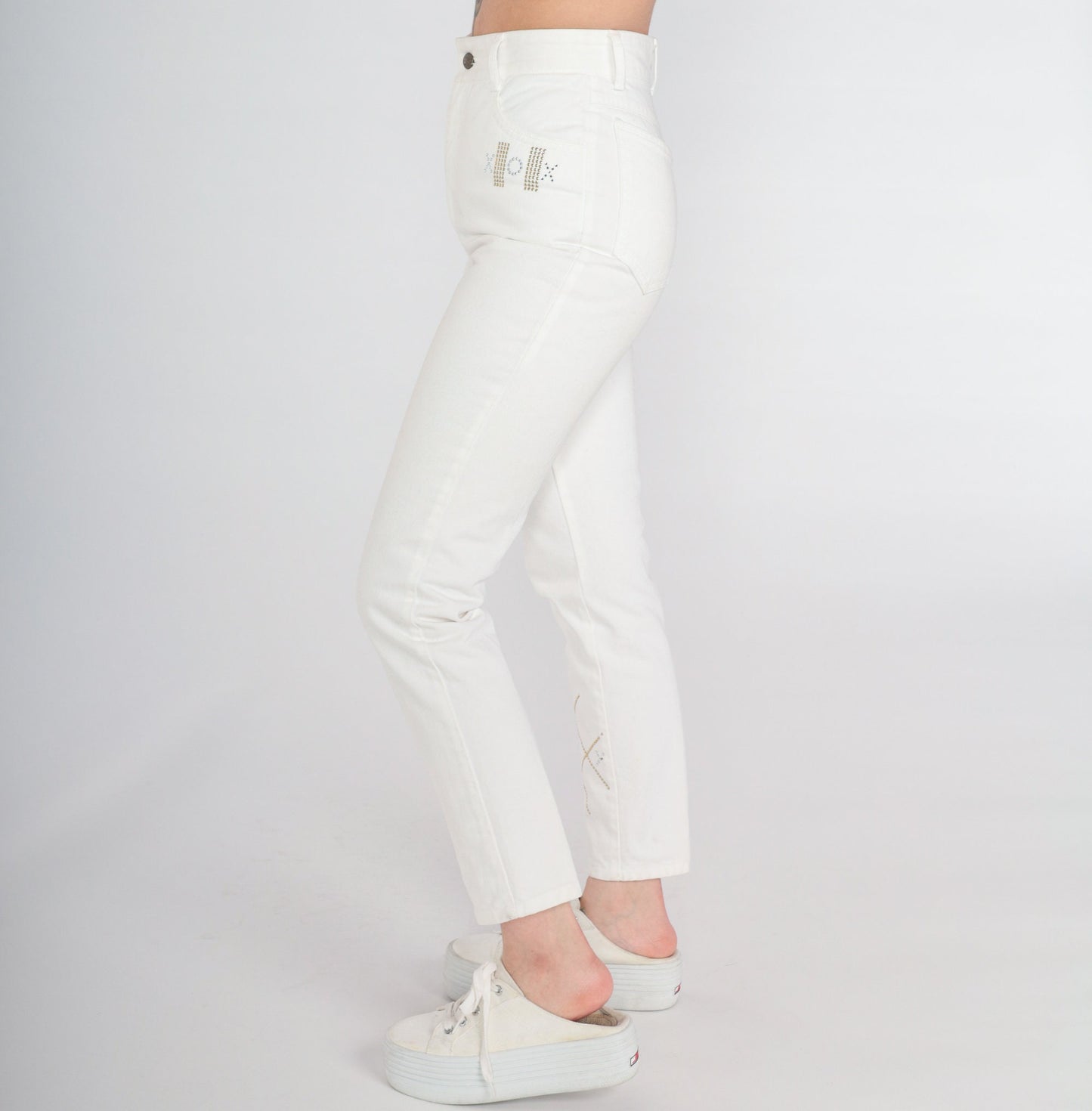 00s White Skinny Jeans XO Studded Rhinestone High Rise Cotton Small